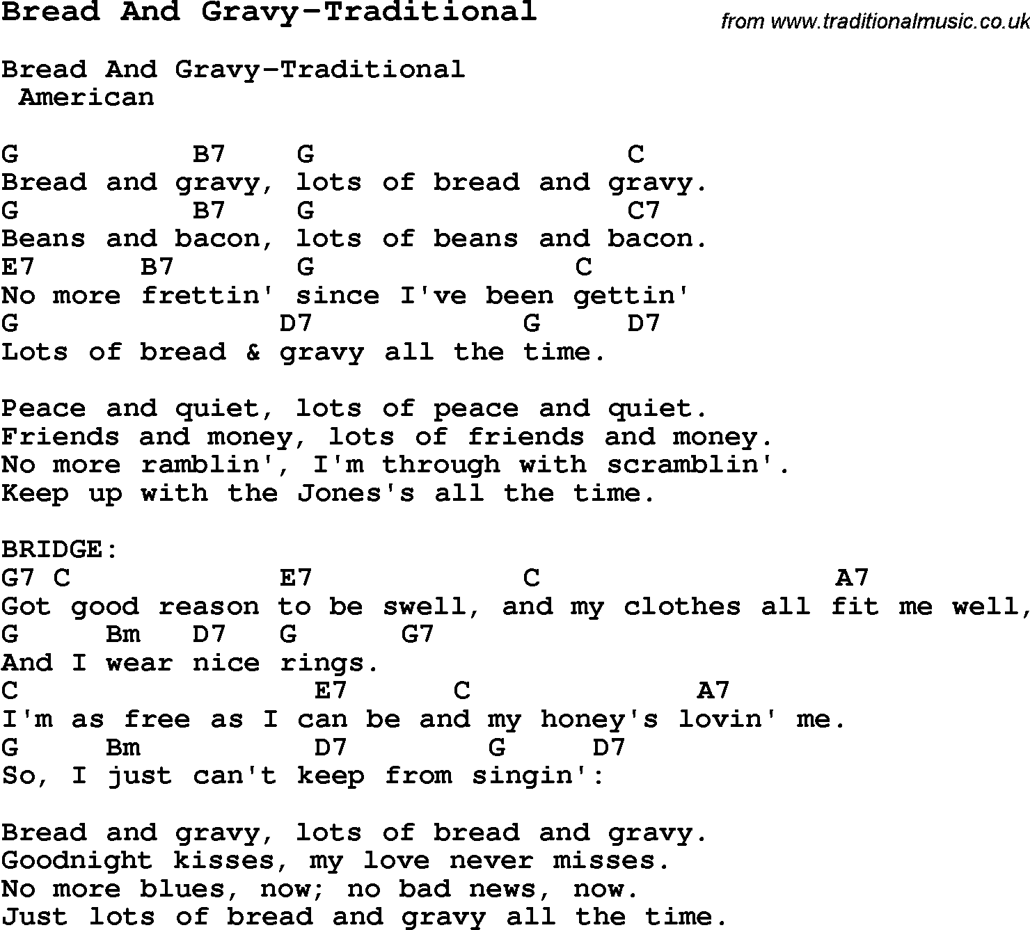 Summer-Camp Song, Bread And Gravy-Traditional, with lyrics and chords for Ukulele, Guitar Banjo etc.