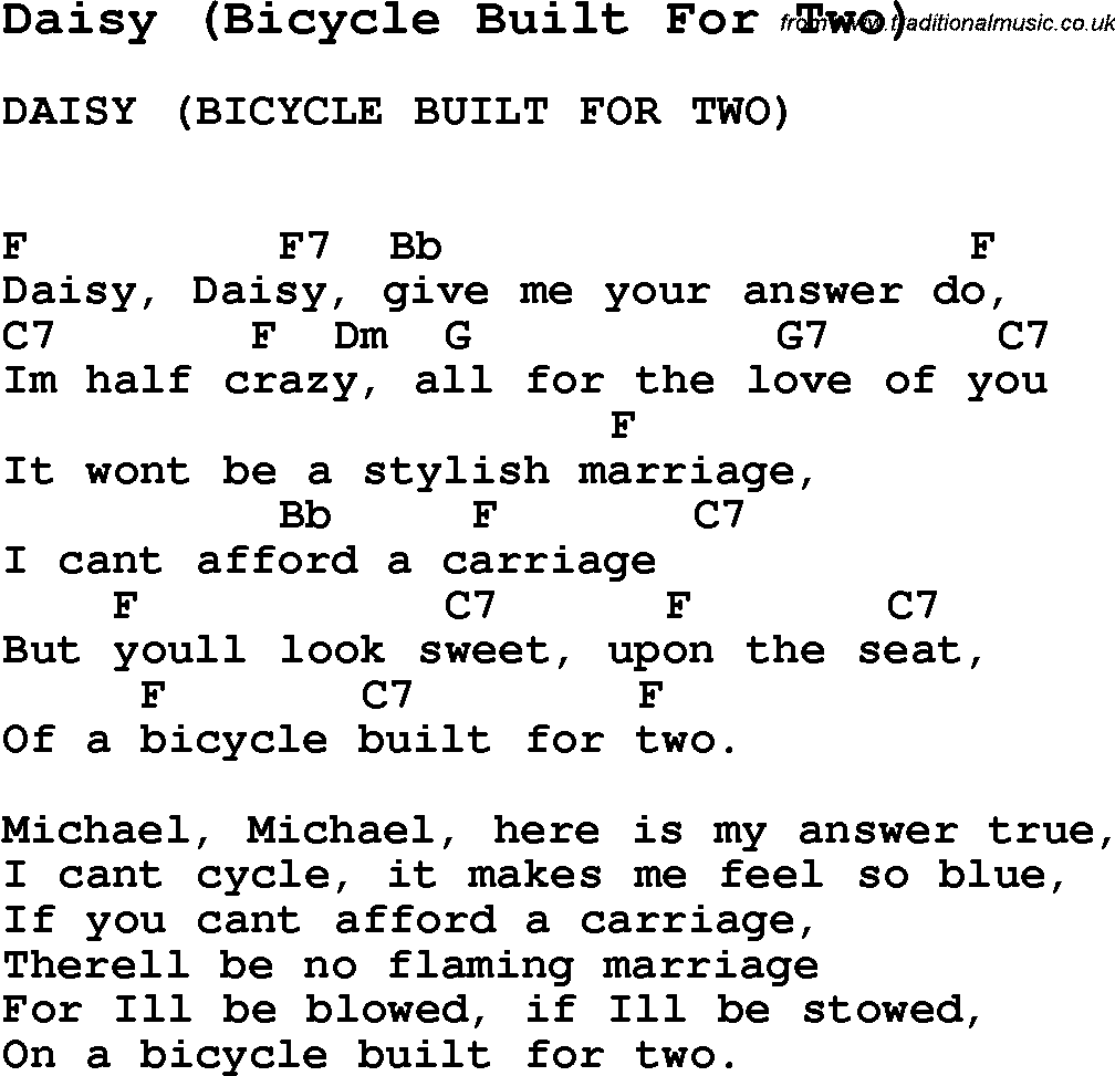 Summer Camp Song, Daisy (Bicycle Built For Two), with lyrics and chords