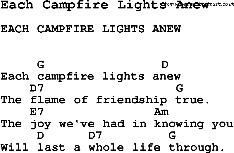 Summer-Camp Song, Each Campfire Lights Anew, with lyrics and chords for Ukulele, Guitar Banjo etc.