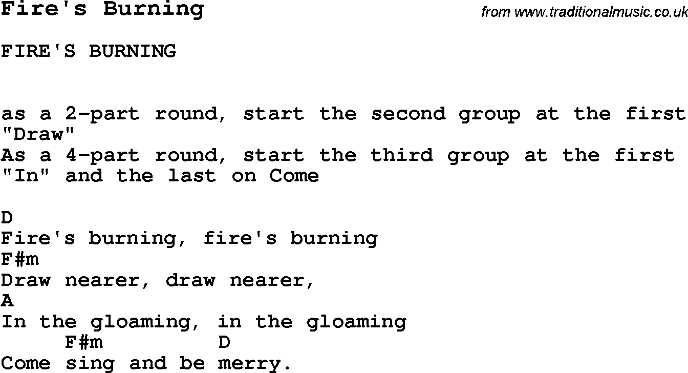 Summer-Camp Song, Fire's Burning, with lyrics and chords for Ukulele, Guitar Banjo etc.