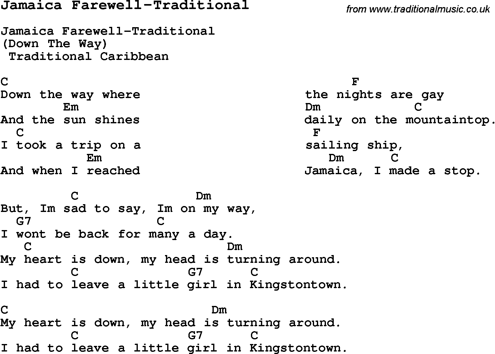 Summer-Camp Song, Jamaica Farewell-Traditional, with lyrics and chords for Ukulele, Guitar Banjo etc.