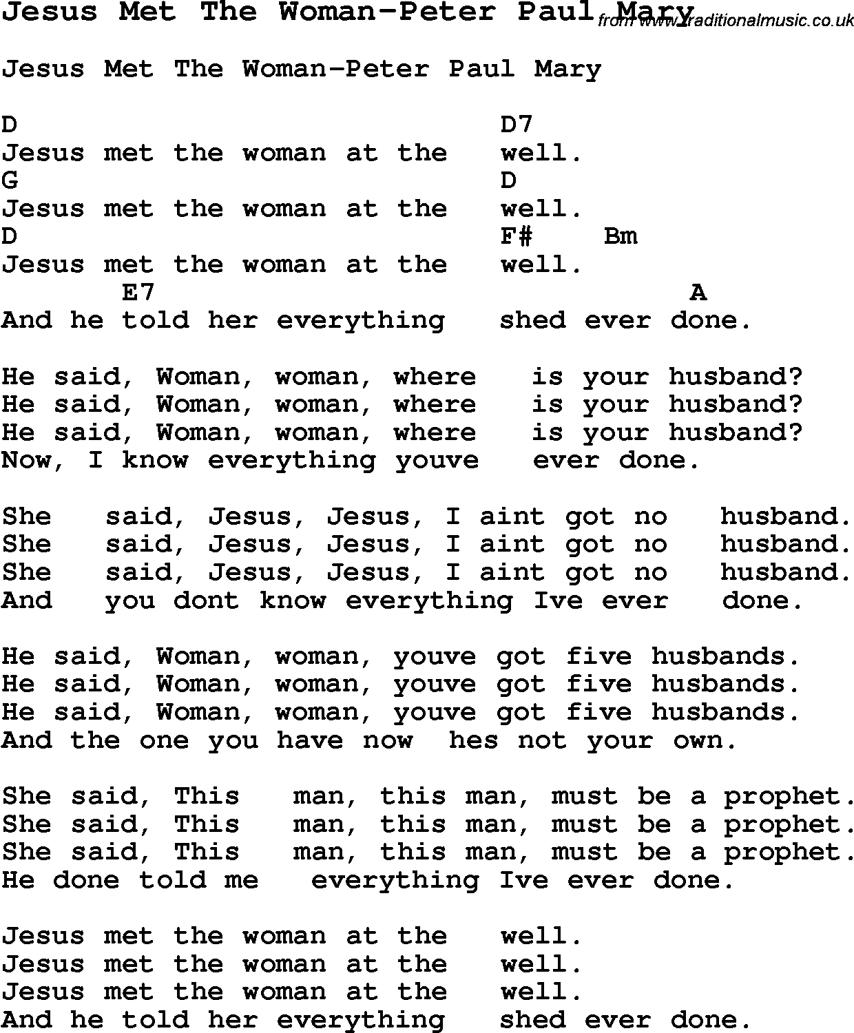 Summer-Camp Song, Jesus Met The Woman-Peter Paul Mary, with lyrics and chords for Ukulele, Guitar Banjo etc.