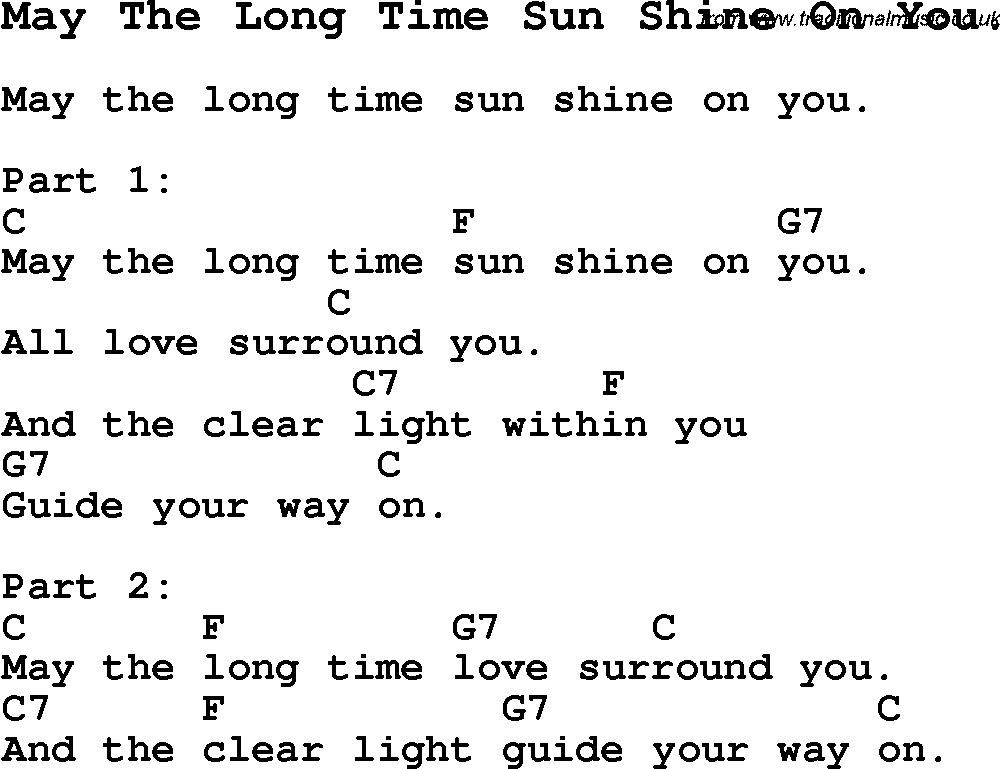 Summer-Camp Song, May The Long Time Sun Shine On You., with lyrics and chords for Ukulele, Guitar Banjo etc.