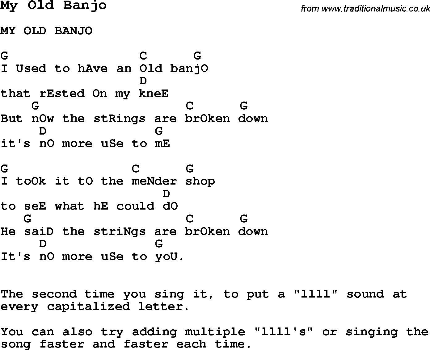Summer-Camp Song, My Old Banjo, with lyrics and chords for Ukulele, Guitar Banjo etc.