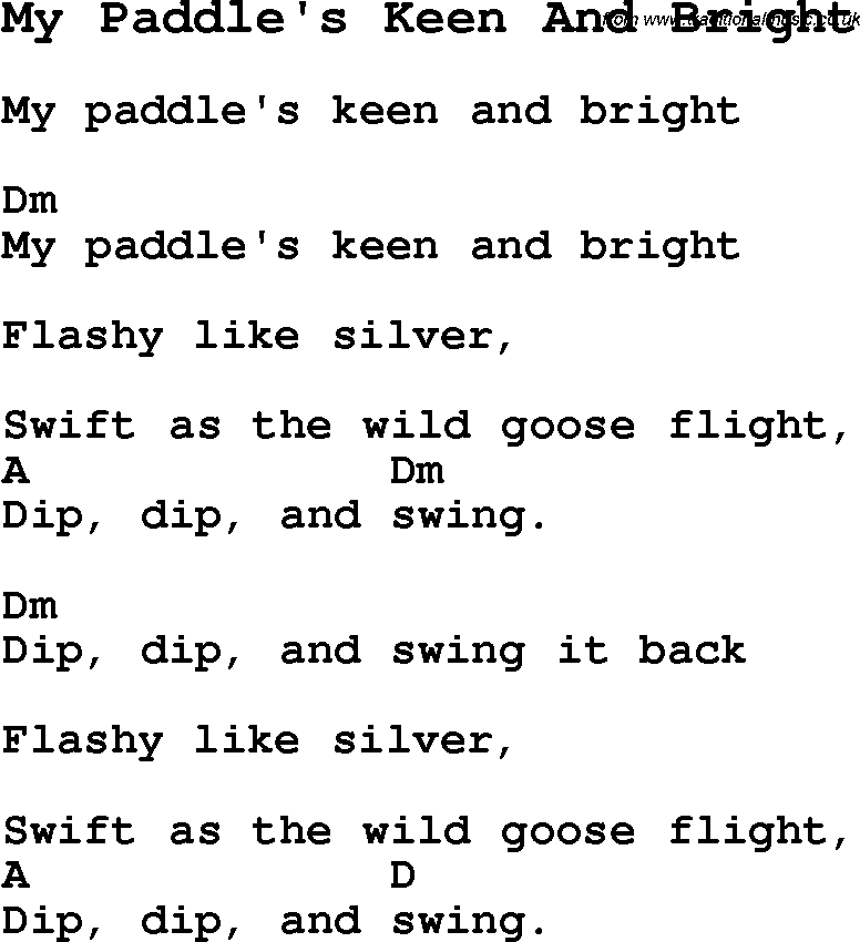 Summer-Camp Song, My Paddle's Keen And Bright, with lyrics and chords for Ukulele, Guitar Banjo etc.