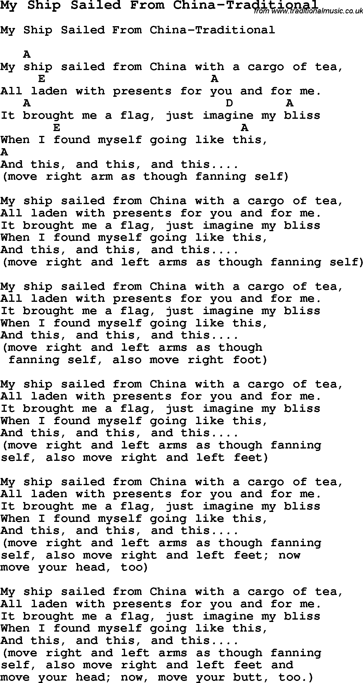 Summer-Camp Song, My Ship Sailed From China-Traditional, with lyrics and chords for Ukulele, Guitar Banjo etc.