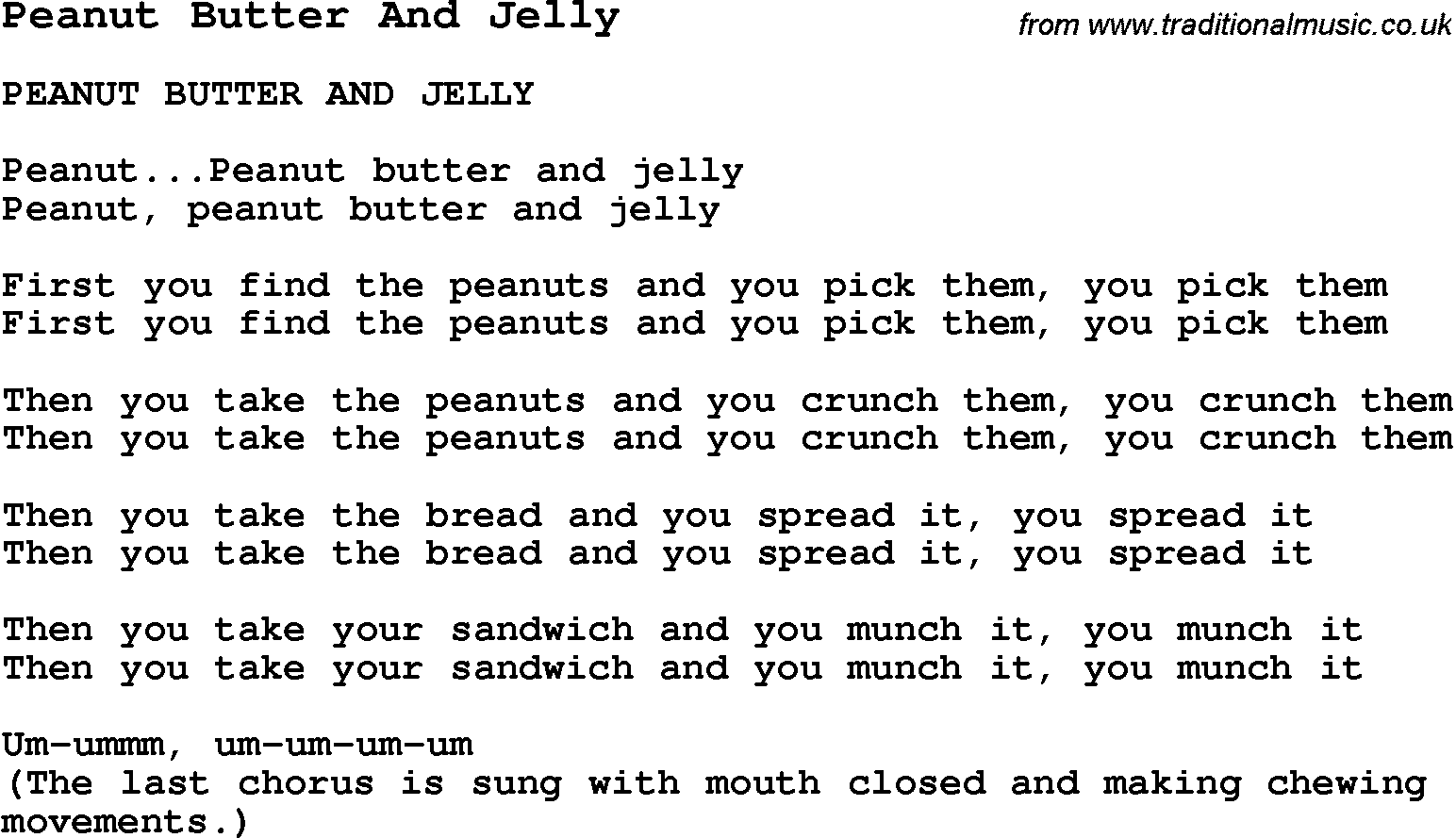 Summer-Camp Song, Peanut Butter And Jelly, with lyrics and chords for Ukulele, Guitar Banjo etc.