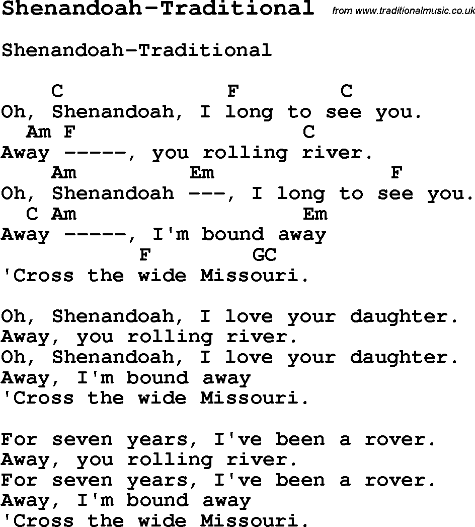 Summer-Camp Song, Shenandoah-Traditional, with lyrics and chords for Ukulele, Guitar Banjo etc.