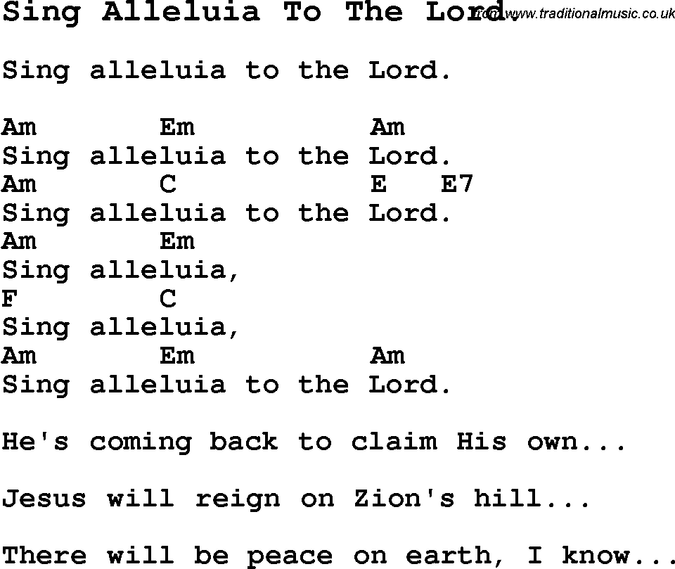 Summer-Camp Song, Sing Alleluia To The Lord., with lyrics and chords for Ukulele, Guitar Banjo etc.