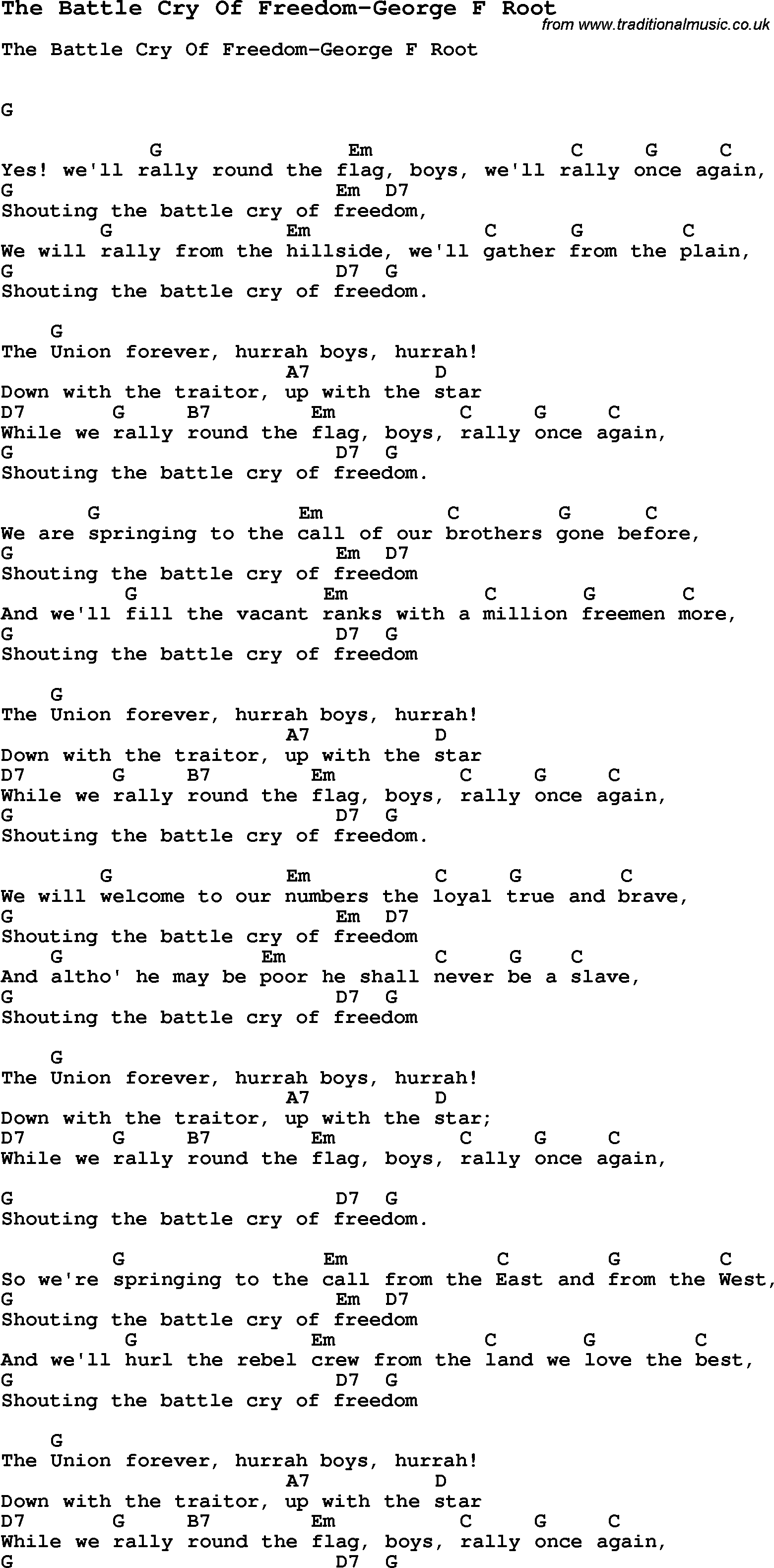 Summer Camp Song, The Battle Cry Of Freedom-George F Root, with lyrics and  chords for Ukulele, Guitar, Banjo etc.