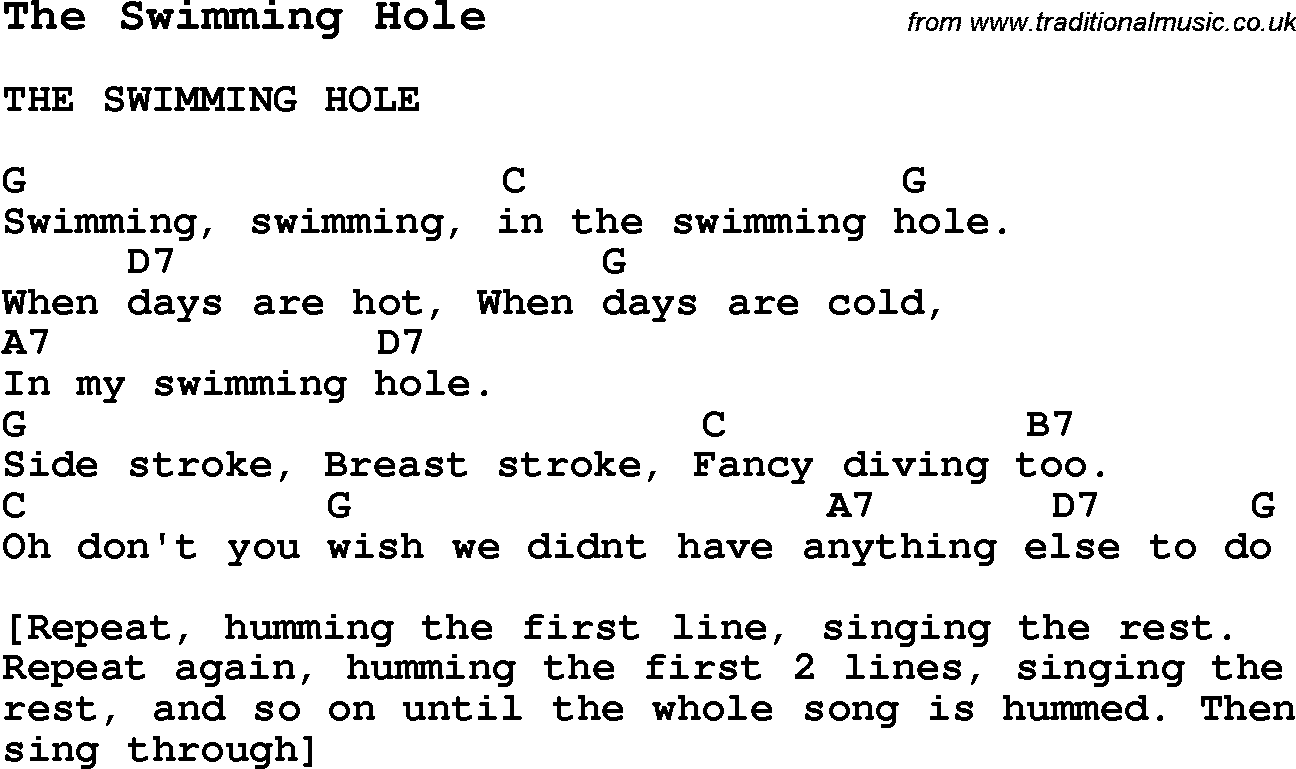 Summer-Camp Song, The Swimming Hole, with lyrics and chords for Ukulele, Guitar Banjo etc.