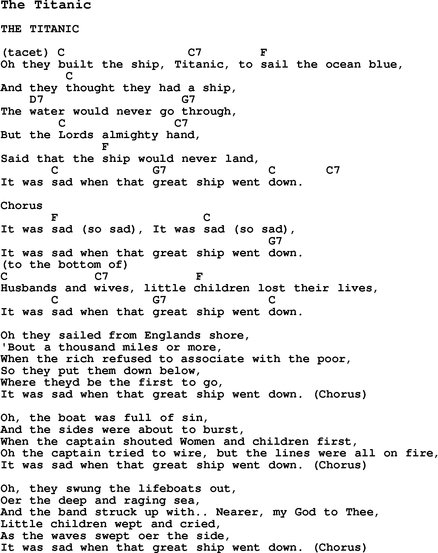 Summer Camp Song, The Titanic, with lyrics and chords for Ukulele