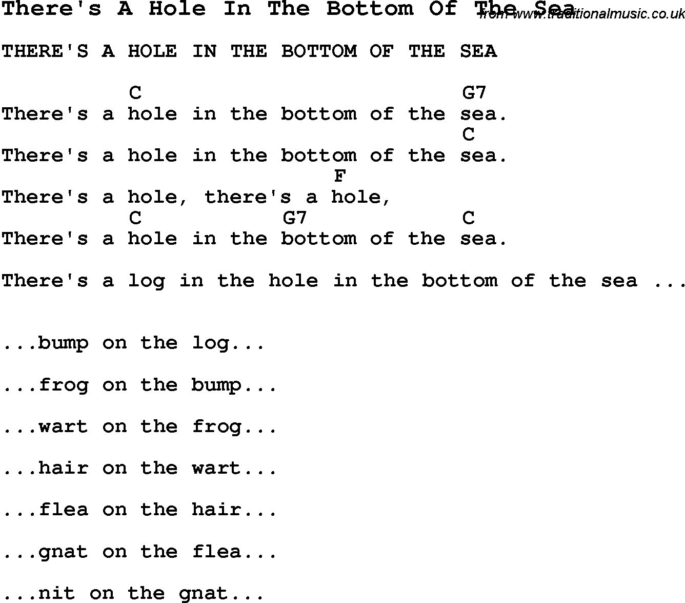 Summer-Camp Song, There's A Hole In The Bottom Of The Sea, with lyrics and chords for Ukulele, Guitar Banjo etc.