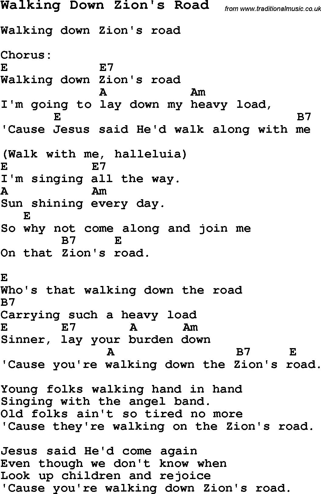 Summer-Camp Song, Walking Down Zion's Road, with lyrics and chords for Ukulele, Guitar Banjo etc.