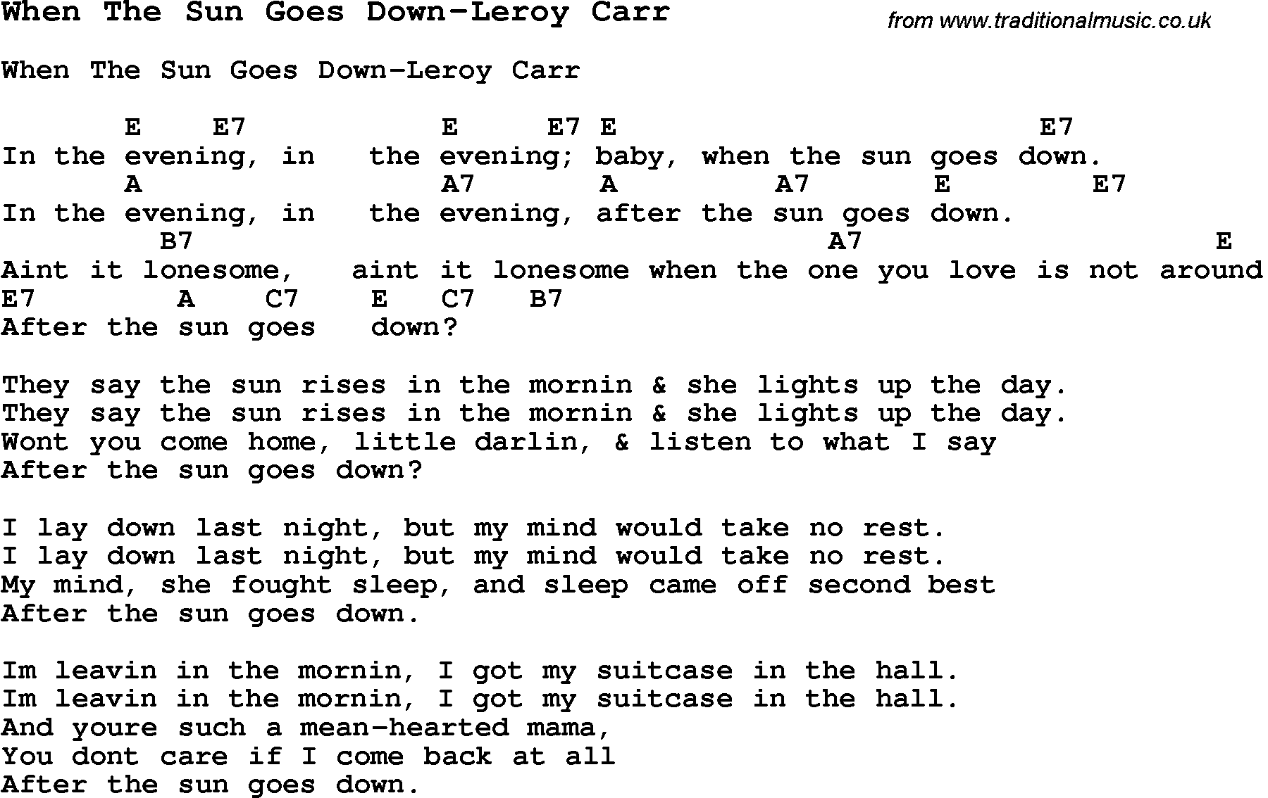 Summer-Camp Song, When The Sun Goes Down-Leroy Carr, with lyrics and chords for Ukulele, Guitar Banjo etc.