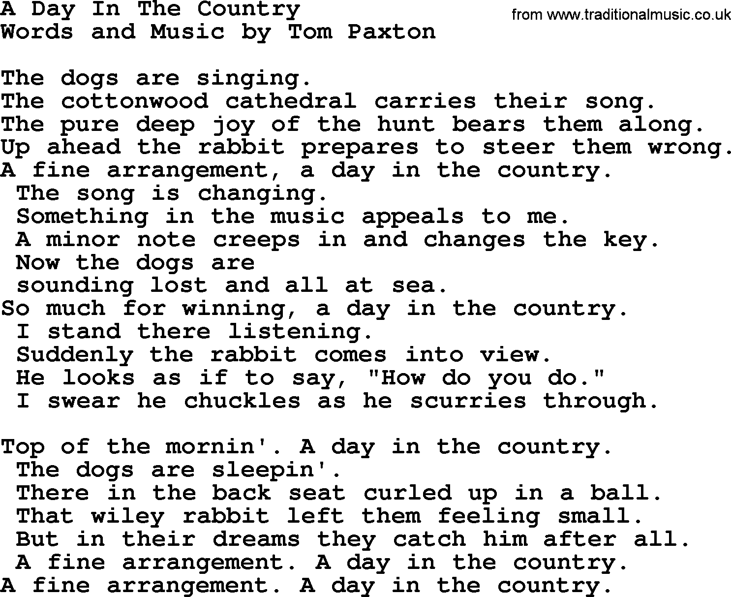 Tom Paxton song: A Day In The Country, lyrics