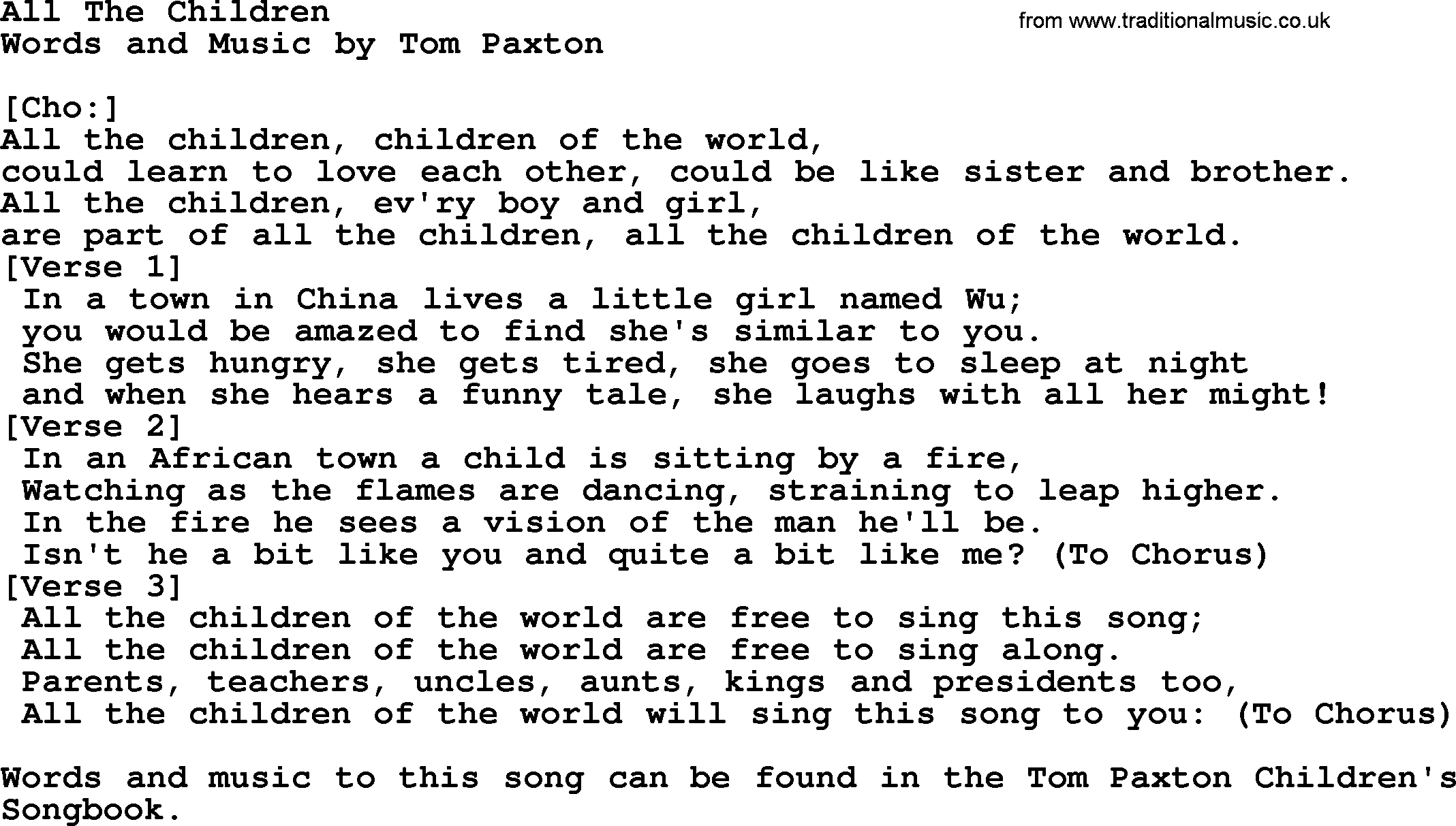 Tom Paxton song: All The Children, lyrics