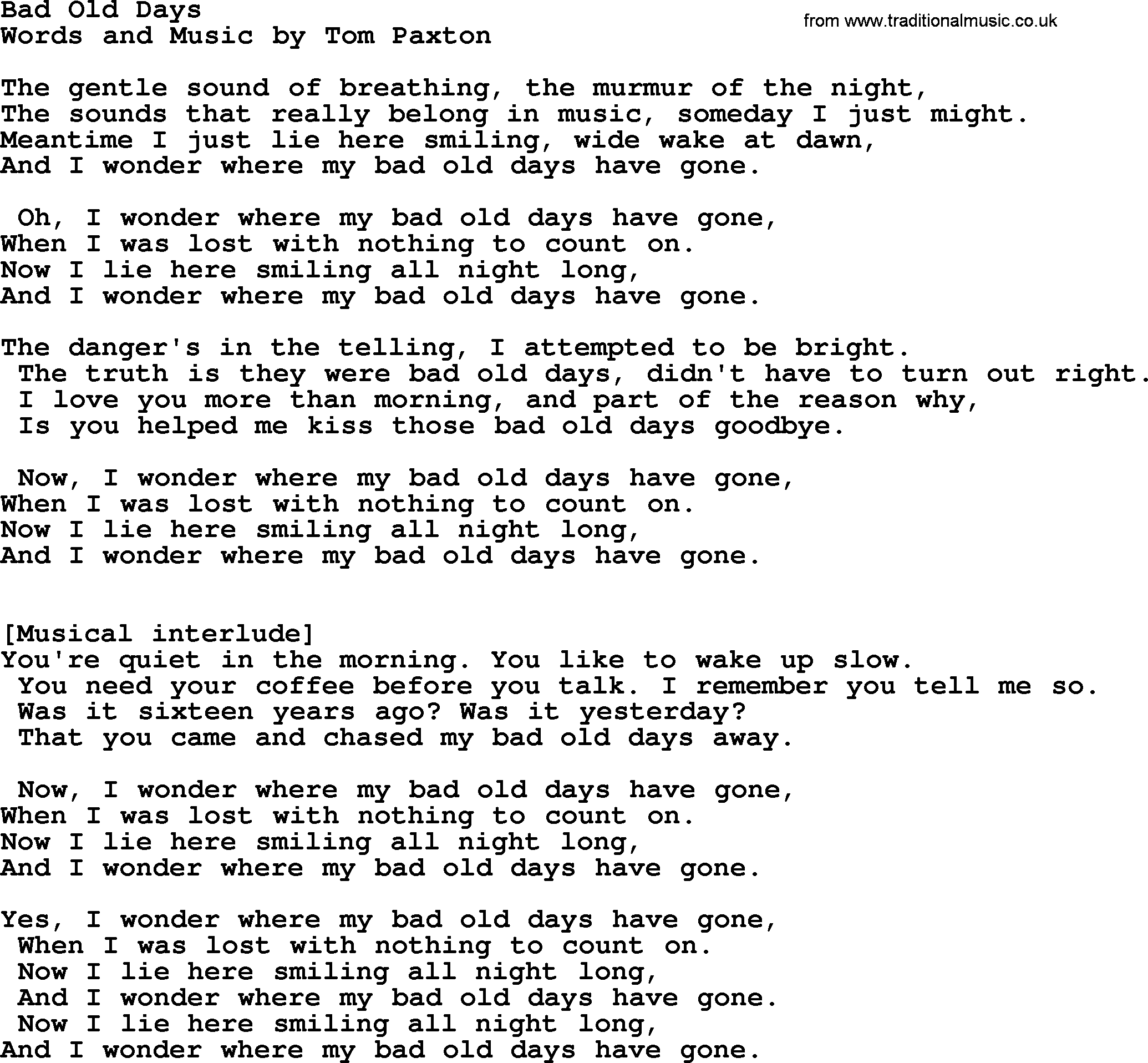Tom Paxton song: Bad Old Days, lyrics