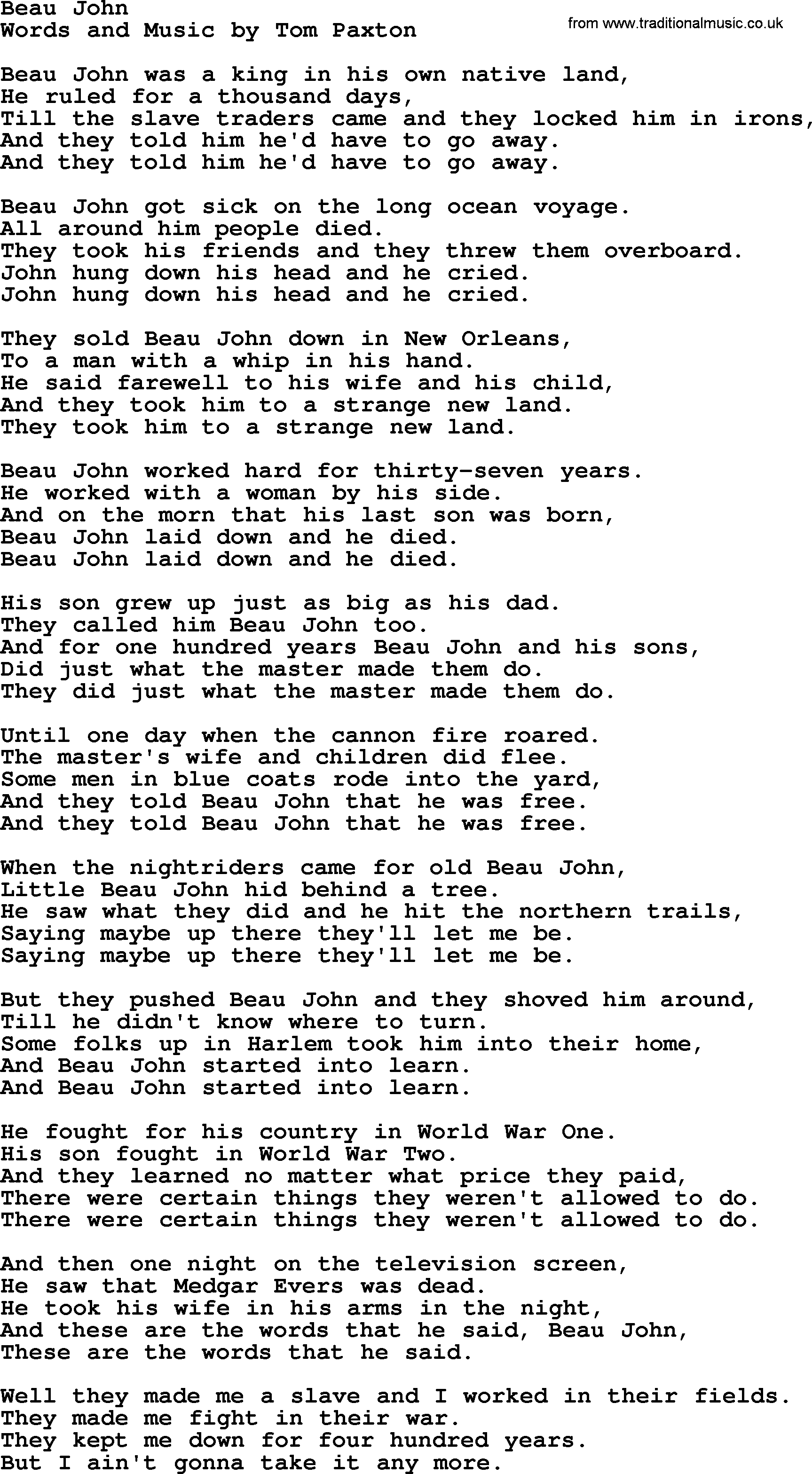 Tom Paxton song: Beau John, lyrics