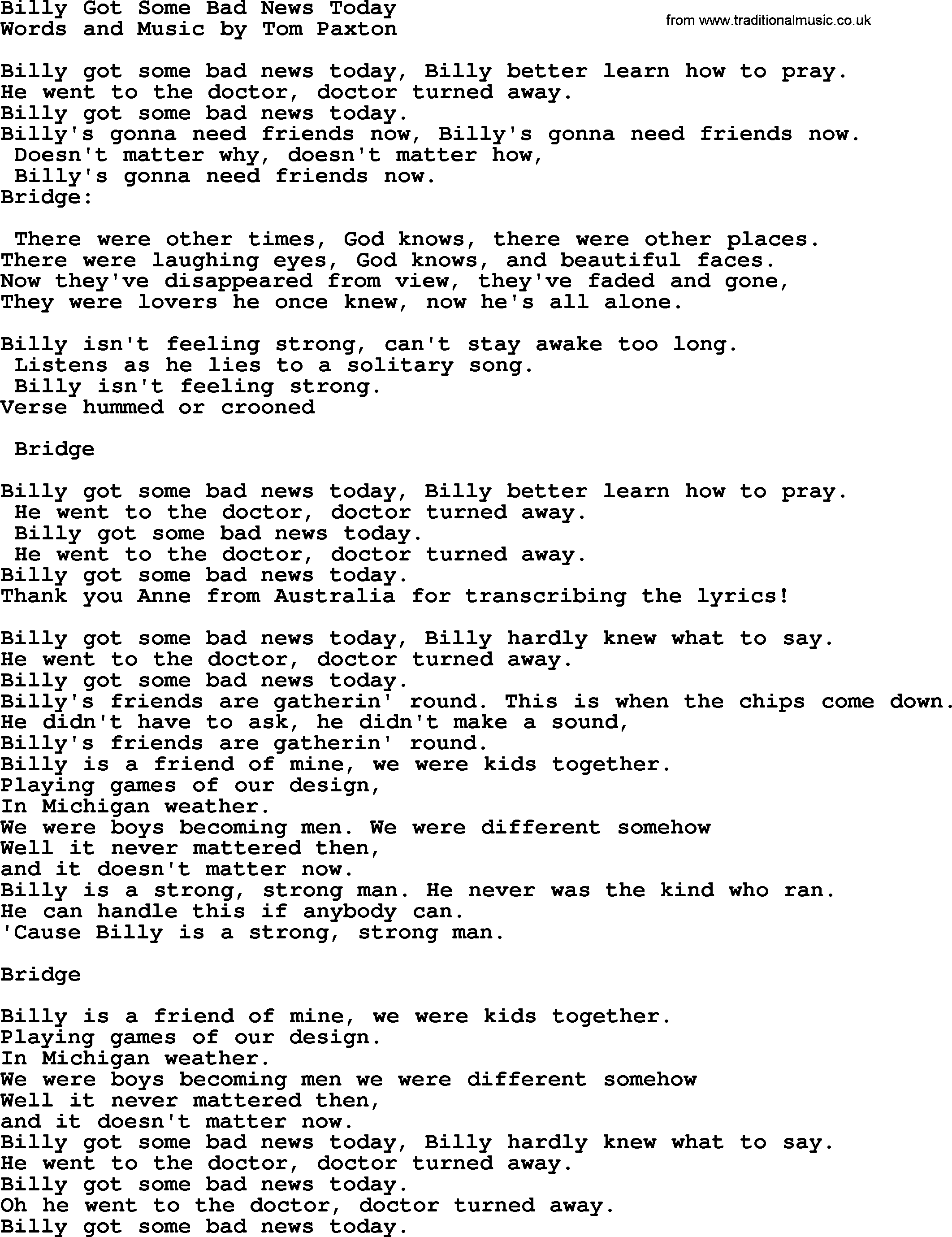 Tom Paxton song: Billy Got Some Bad News Today, lyrics