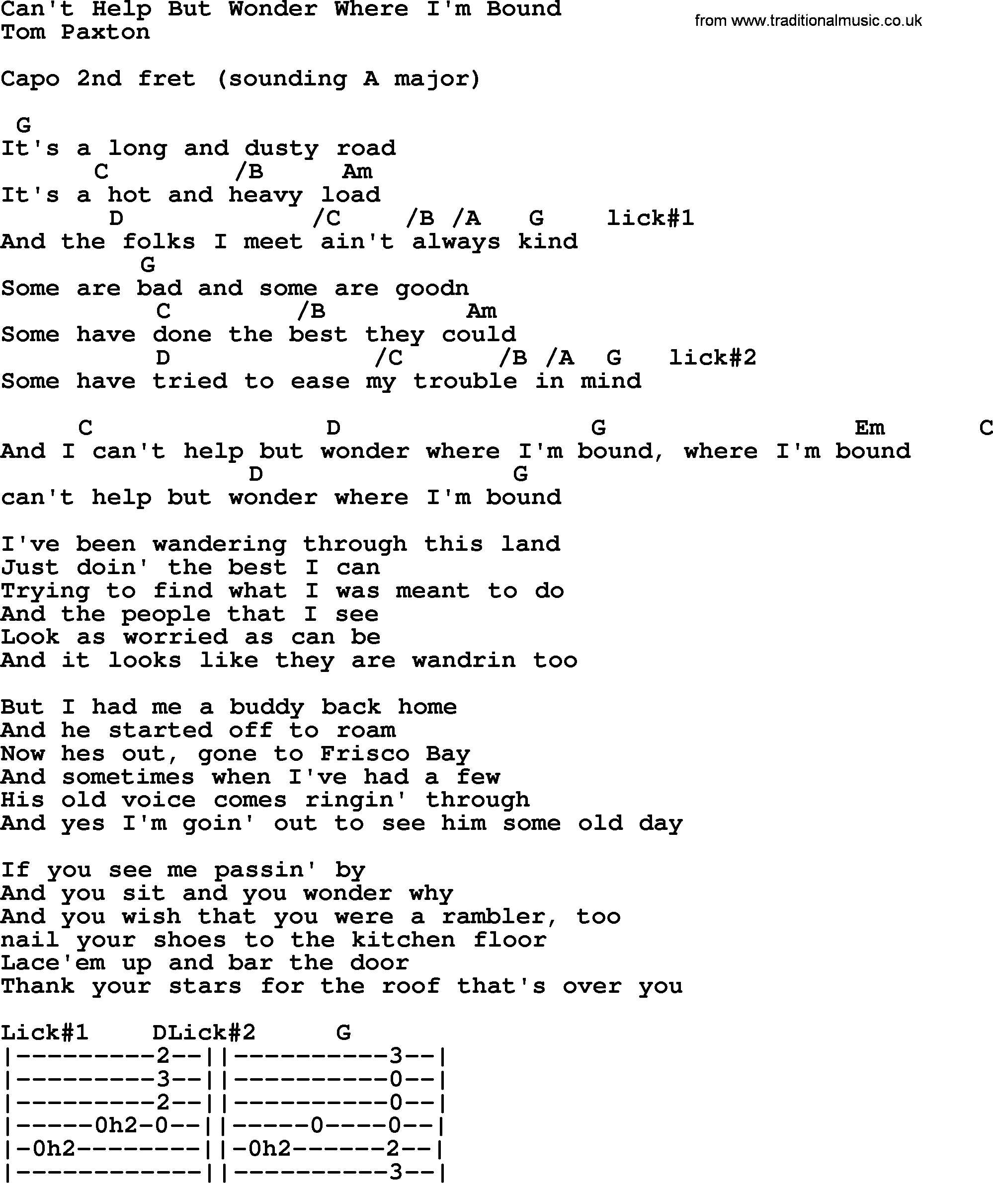Tom Paxton song: Can't Help But Wonder Where I'm Bound, lyrics and chords