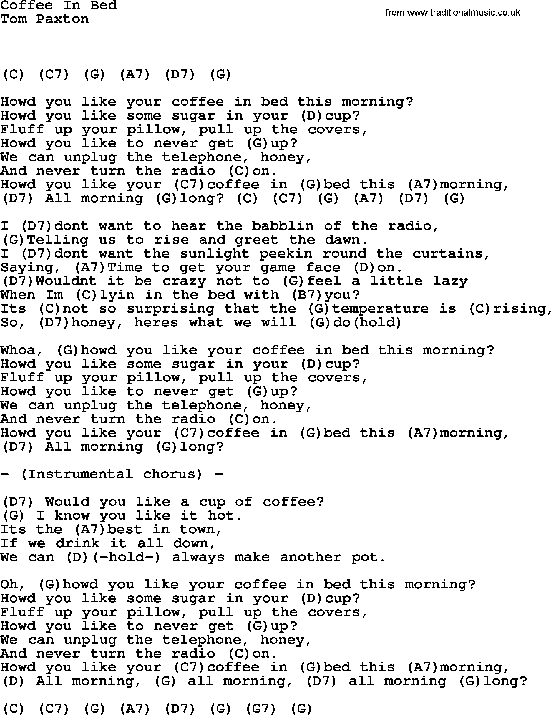 Tom Paxton song: Coffee In Bed, lyrics and chords