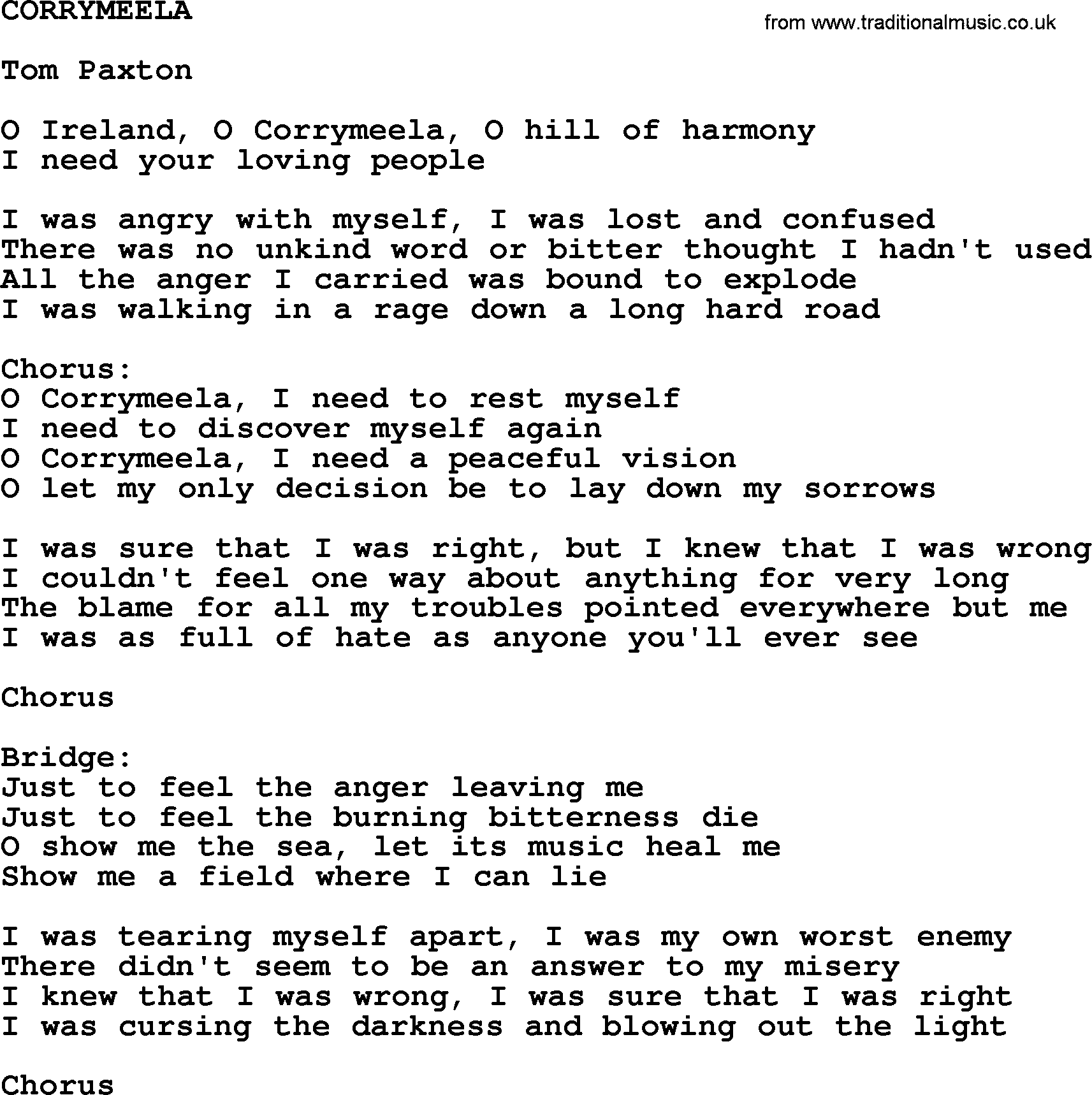 Tom Paxton song: Corrymeela, lyrics