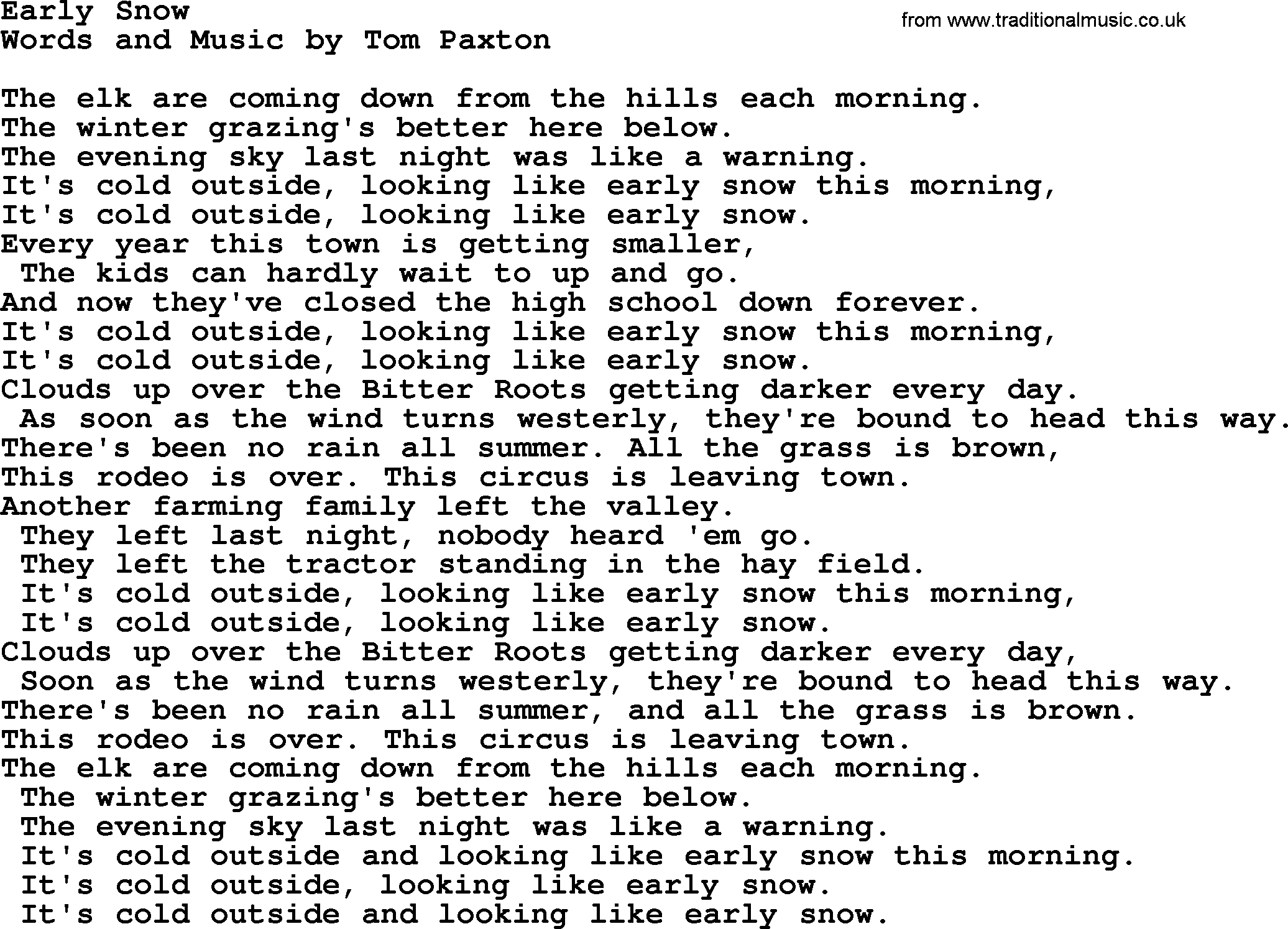 Tom Paxton song: Early Snow, lyrics