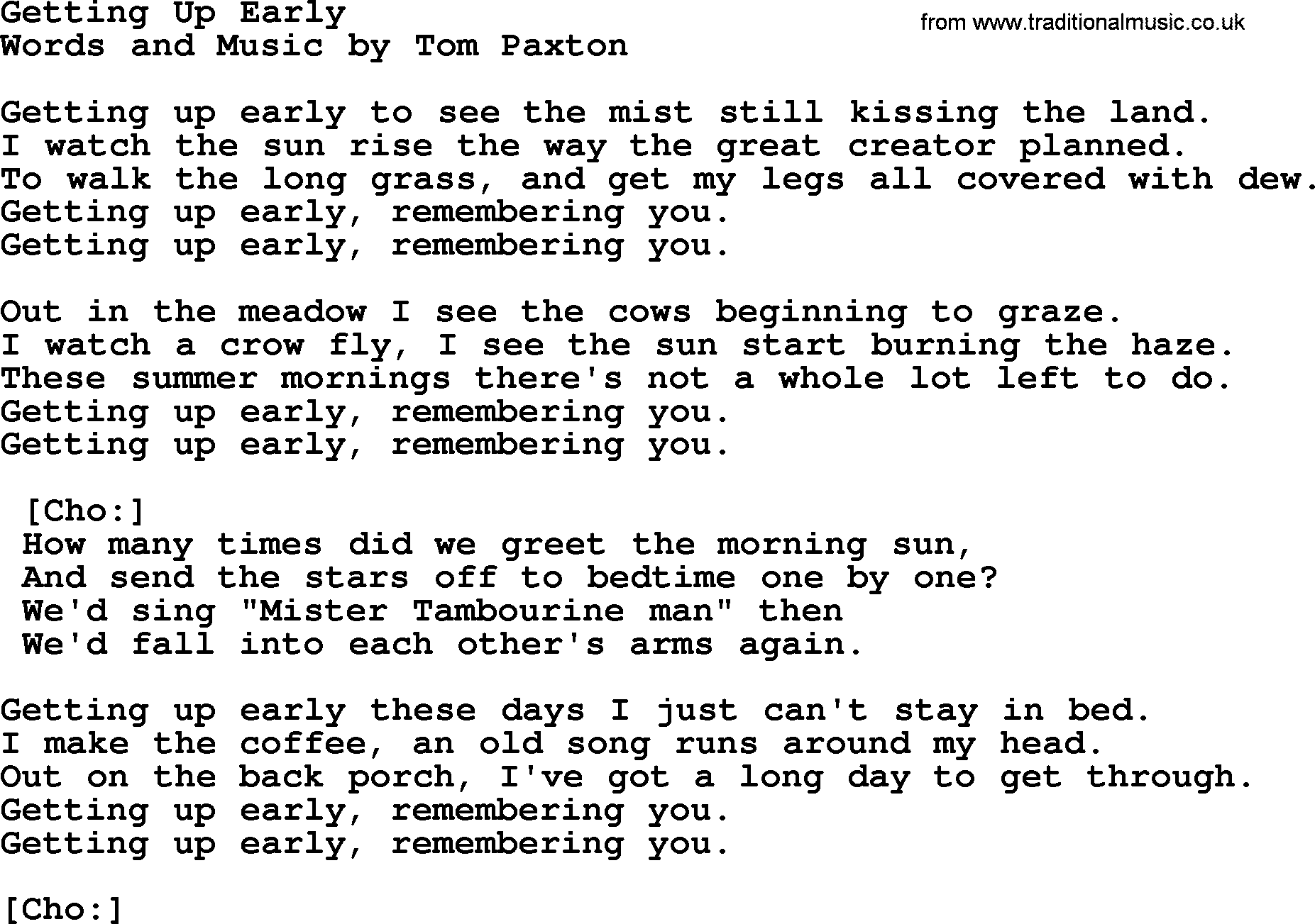Tom Paxton song: Getting Up Early, lyrics