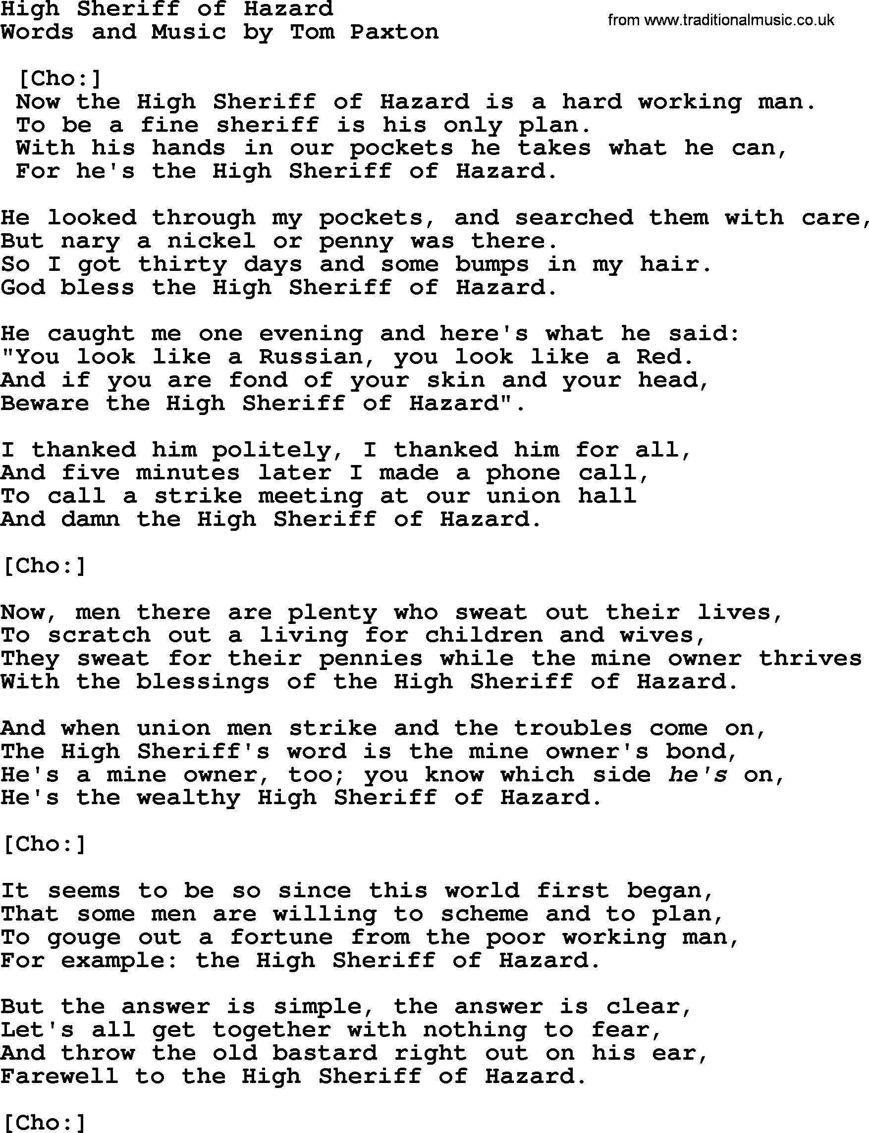 Tom Paxton song: High Sheriff Of Hazard, lyrics