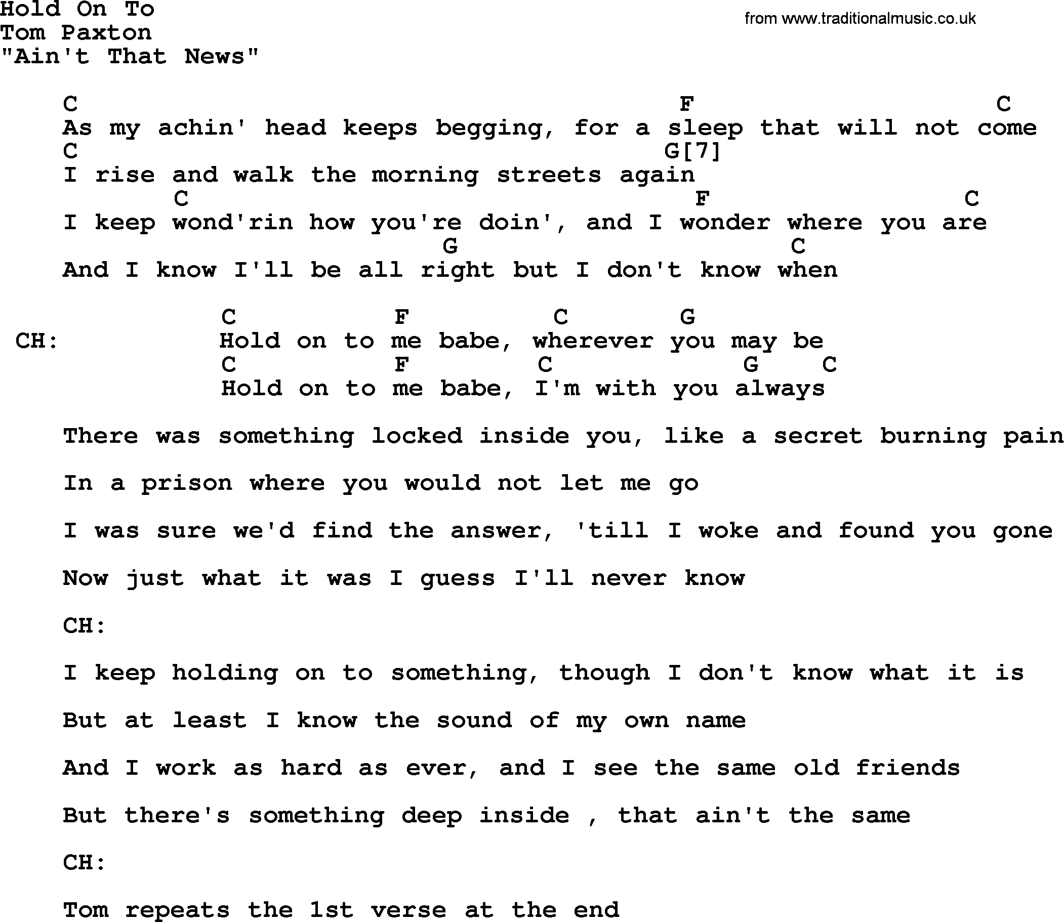 Hold On To by Tom Paxton - lyrics and chords