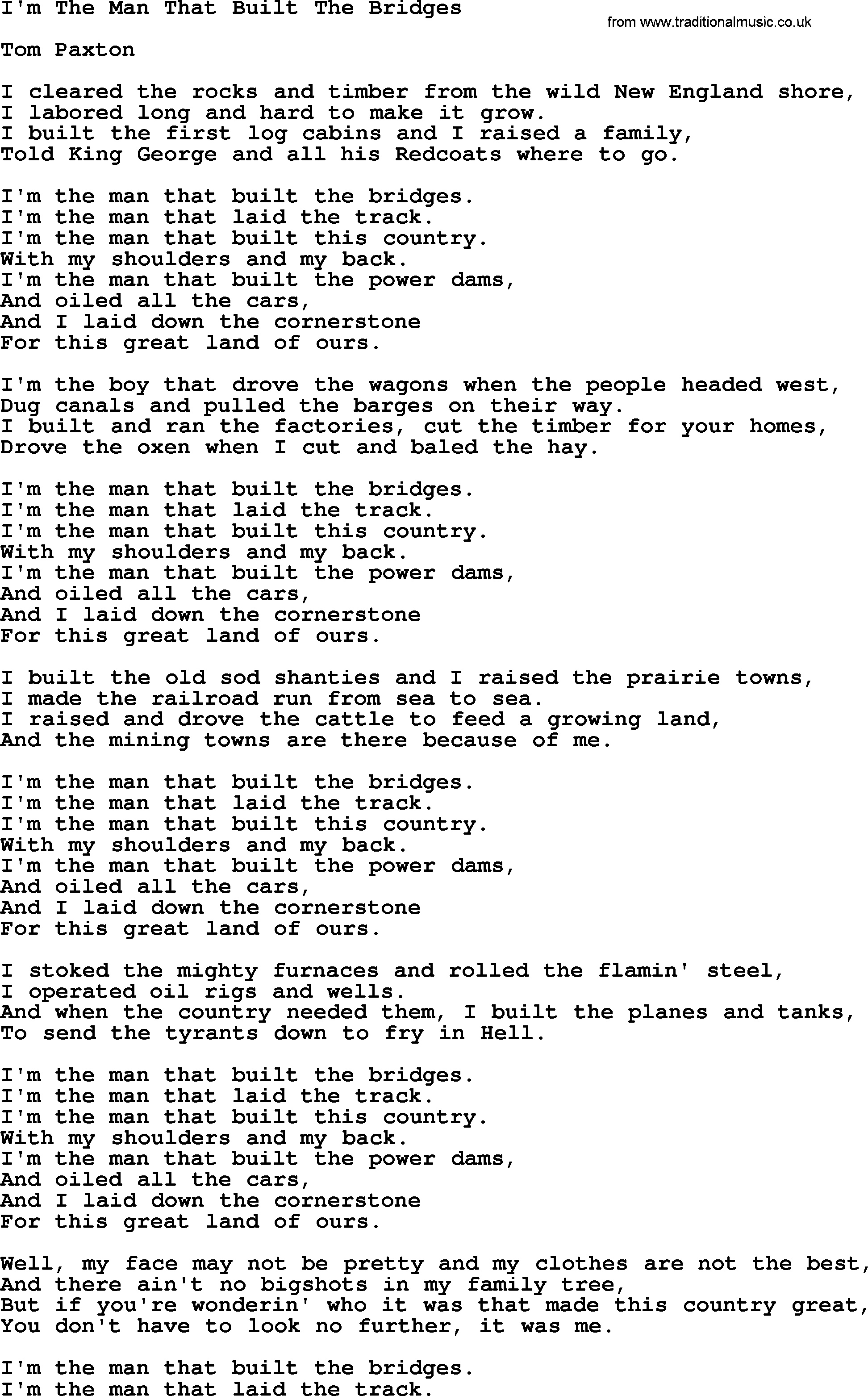 Tom Paxton song: I'm The Man That Built The Bridges, lyrics