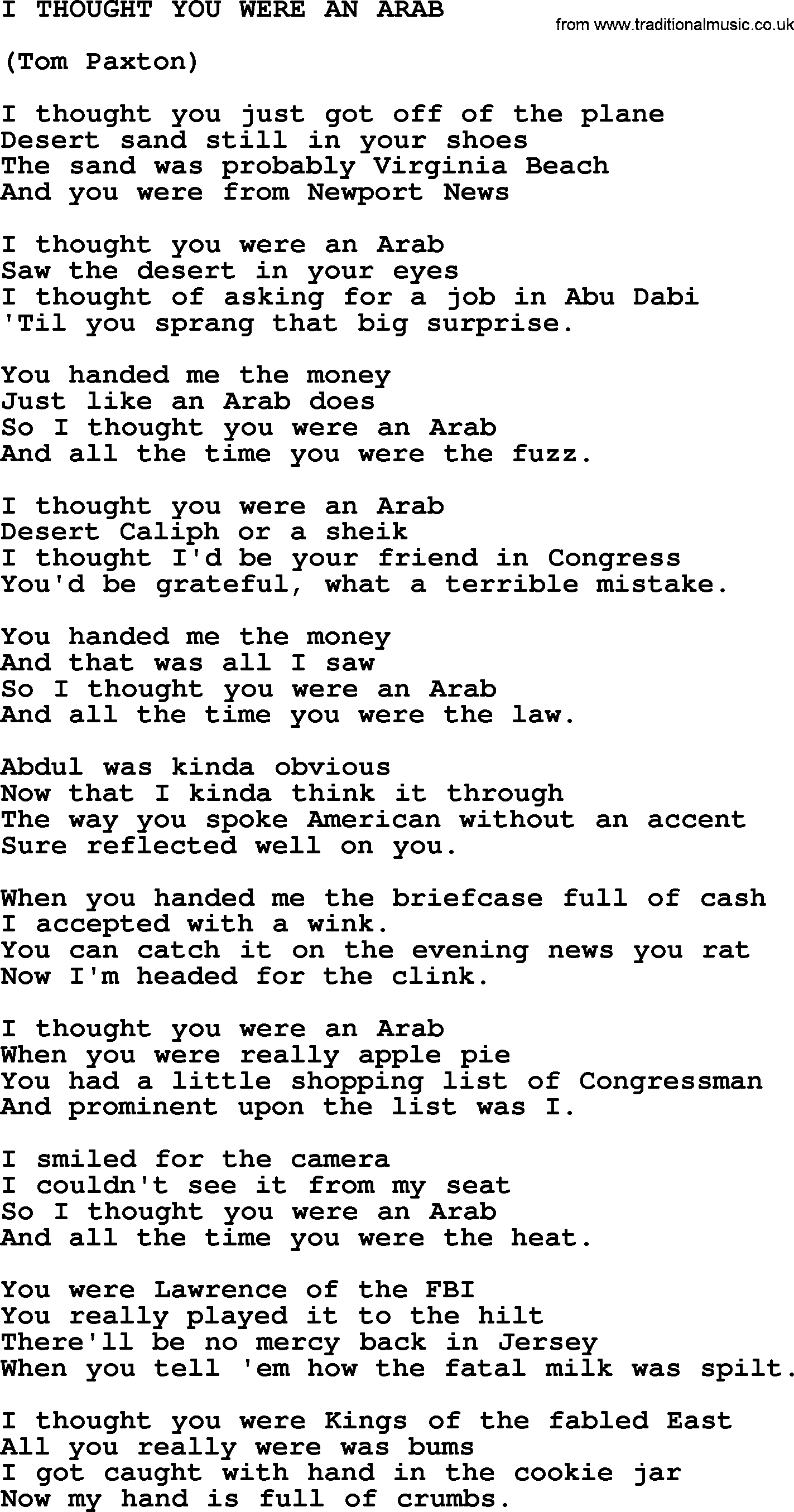 Tom Paxton song: I Thought You Were An Arab, lyrics