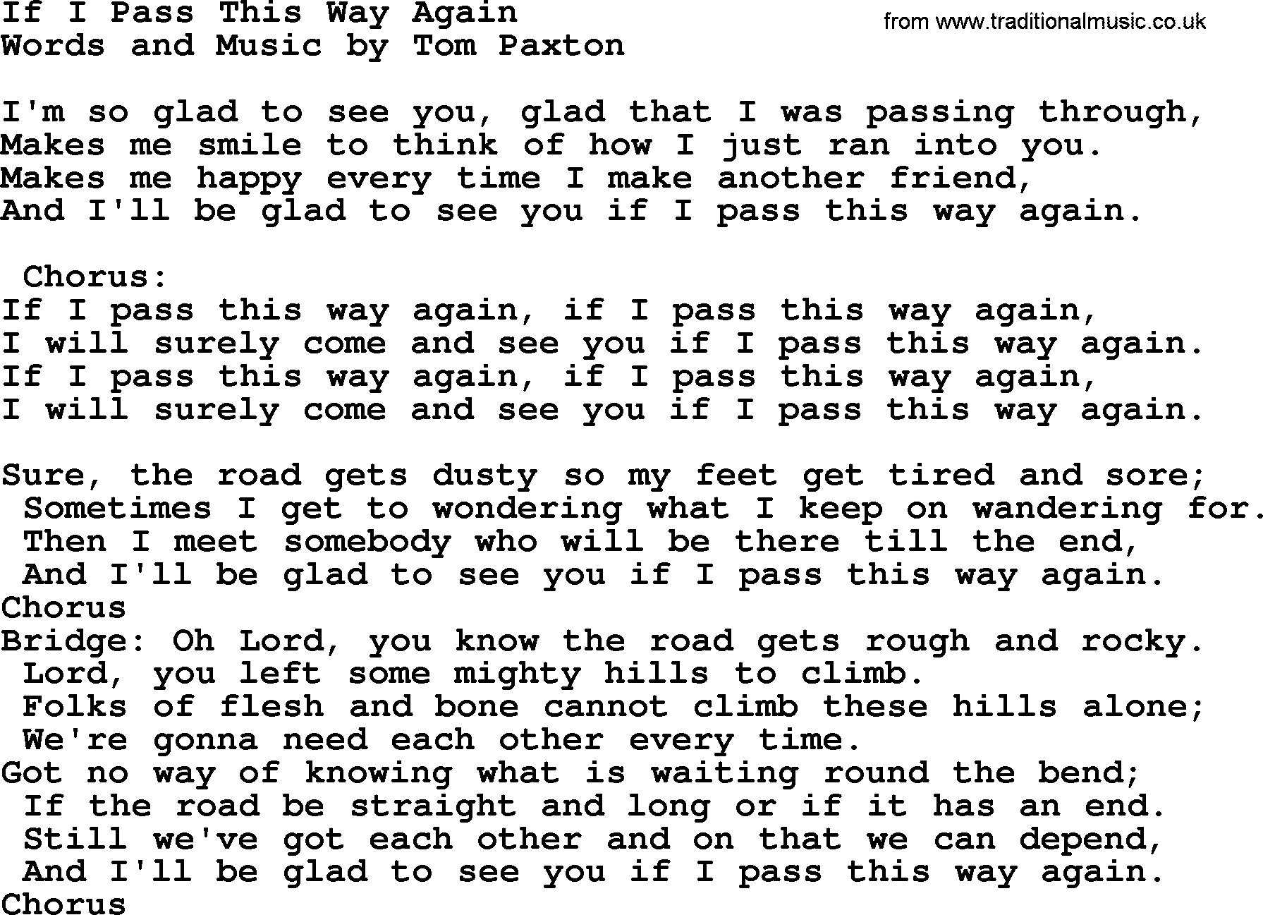 Tom Paxton song: If I Pass This Way Again, lyrics