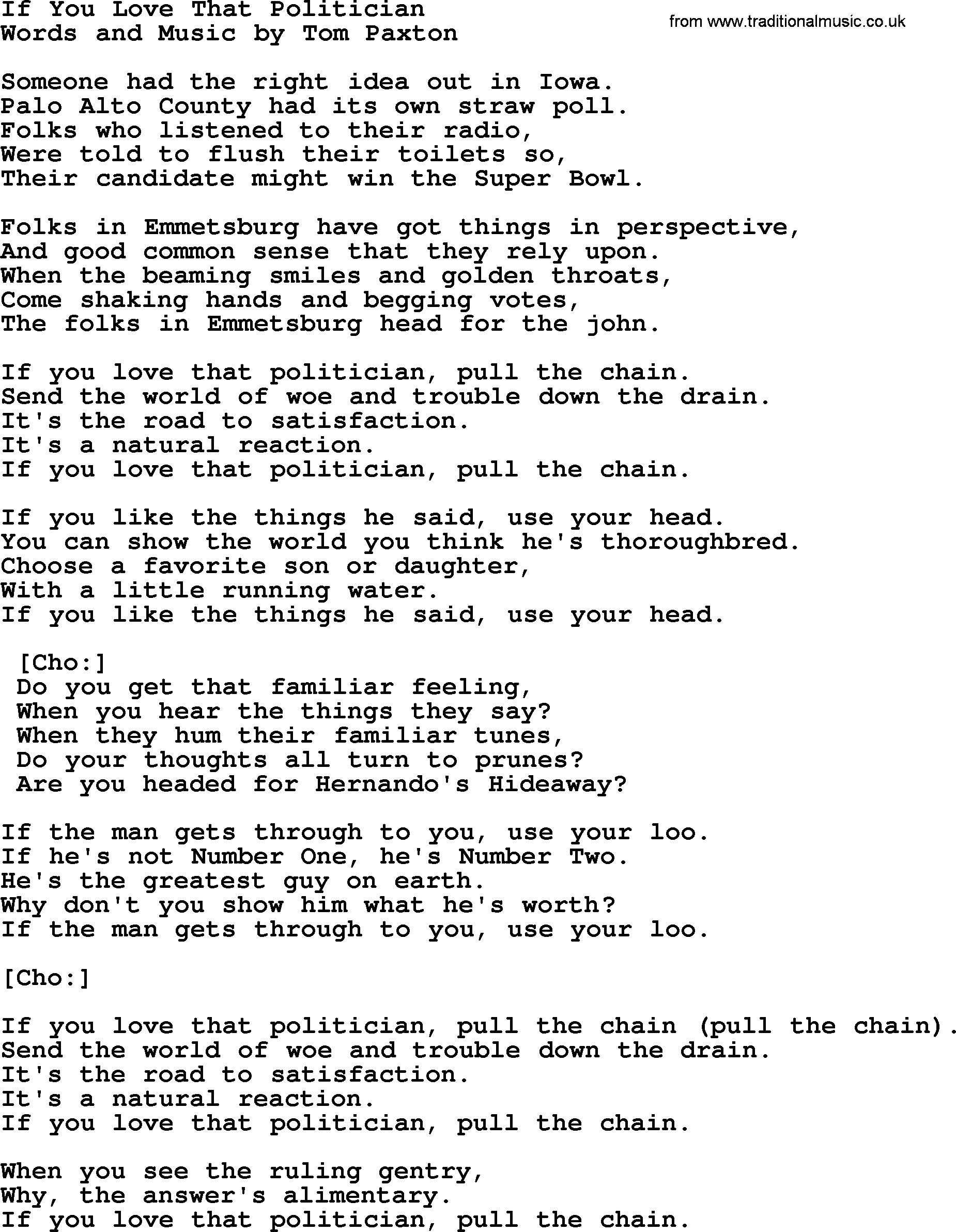 Tom Paxton song: If You Love That Politician, lyrics