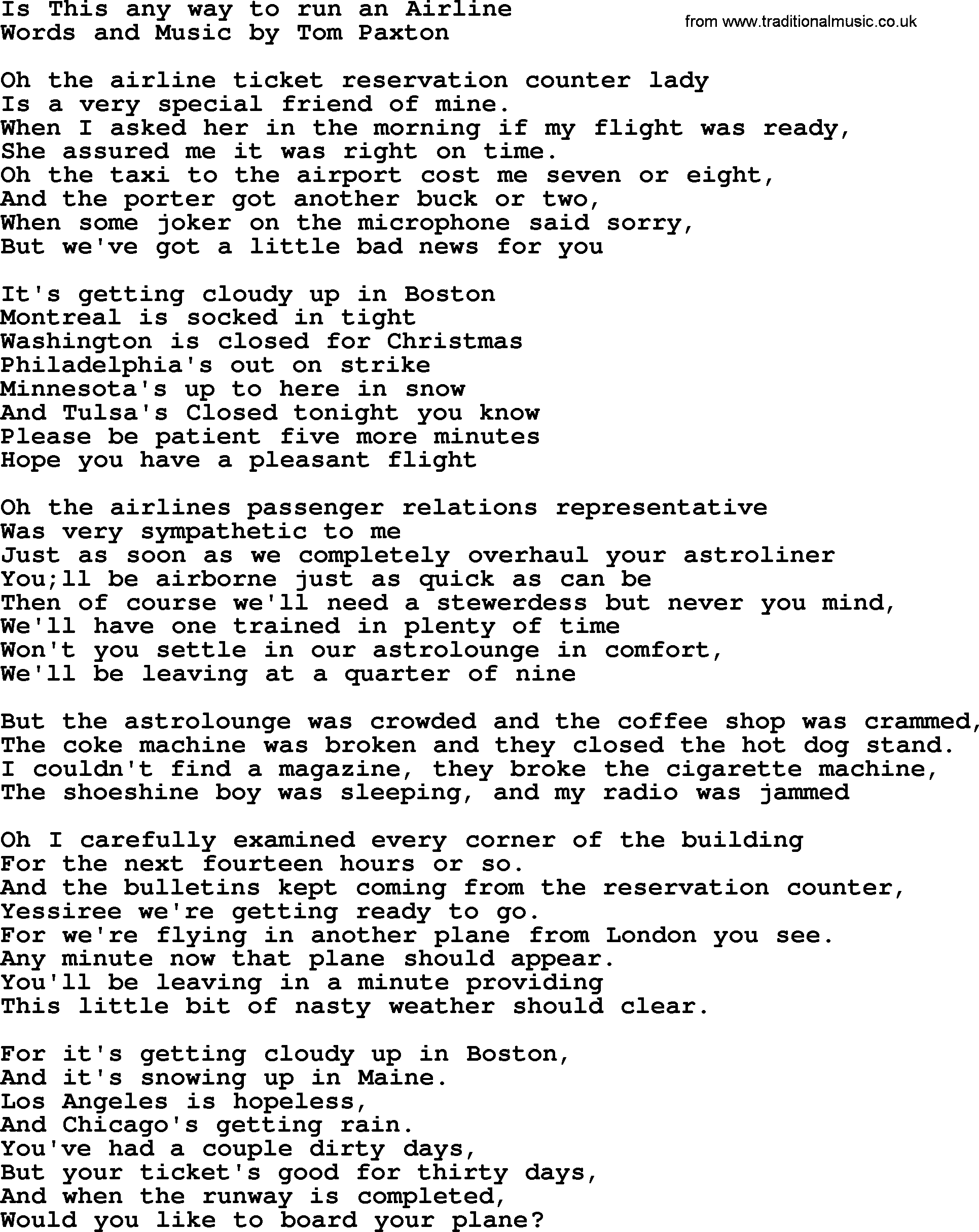 Tom Paxton song: Is This Any Way To Run An Airline, lyrics