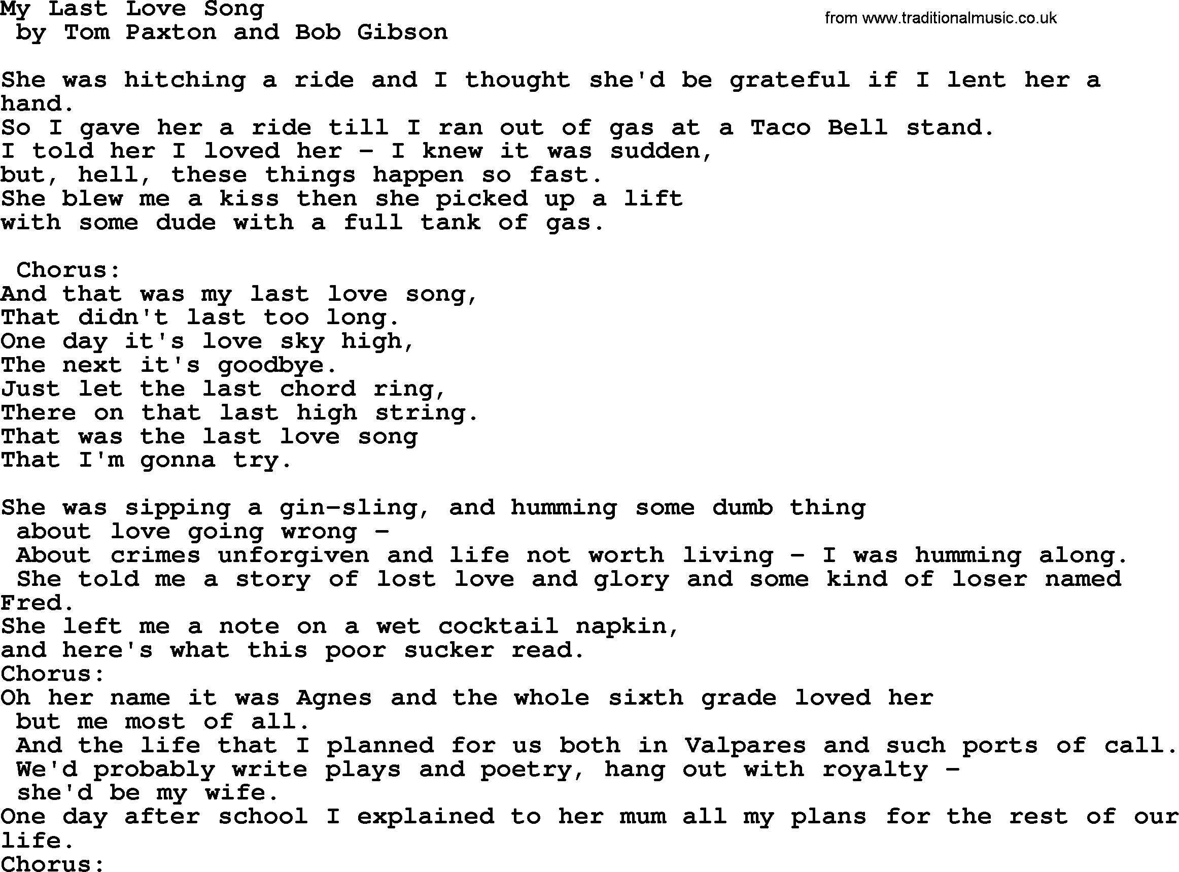 Tom Paxton song: My Last Love Song, lyrics