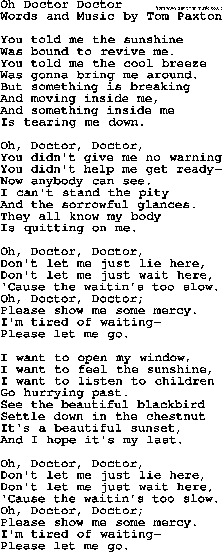 Tom Paxton song: Oh Doctor Doctor, lyrics