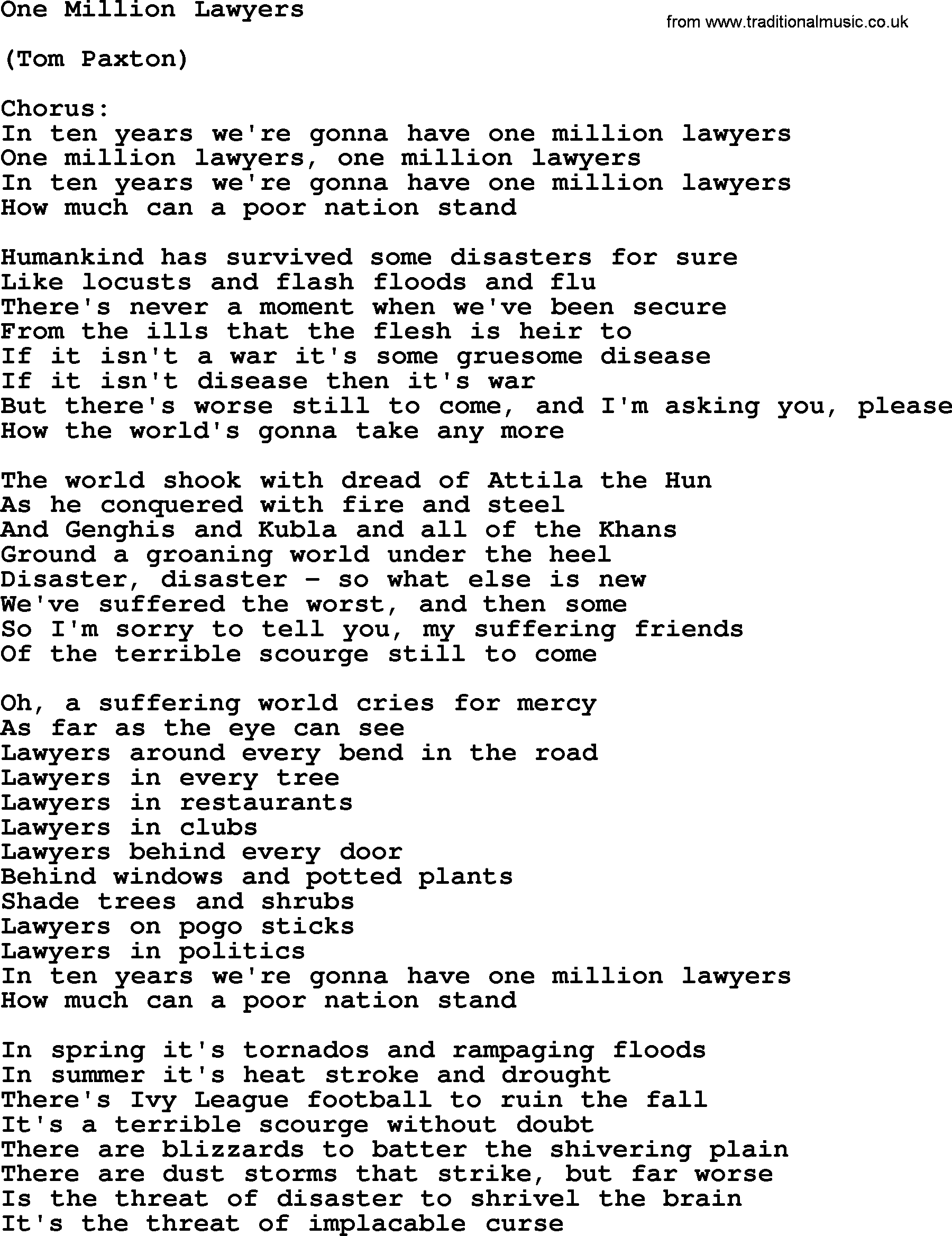 Tom Paxton song: One Million Lawyers, lyrics