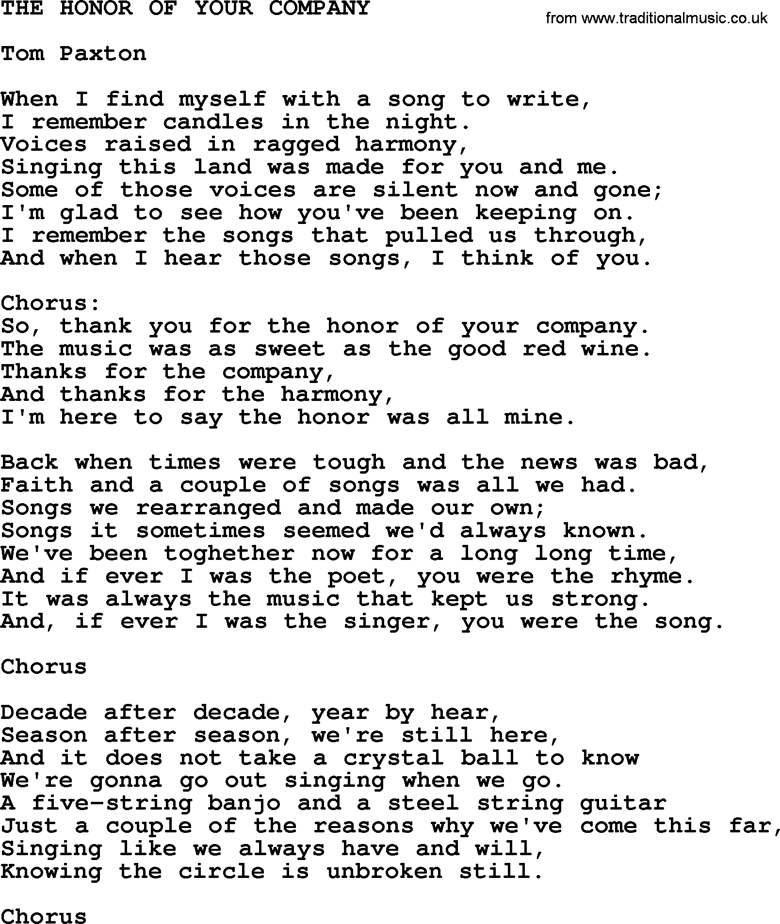 Tom Paxton song: The Honor Of Your Company, lyrics