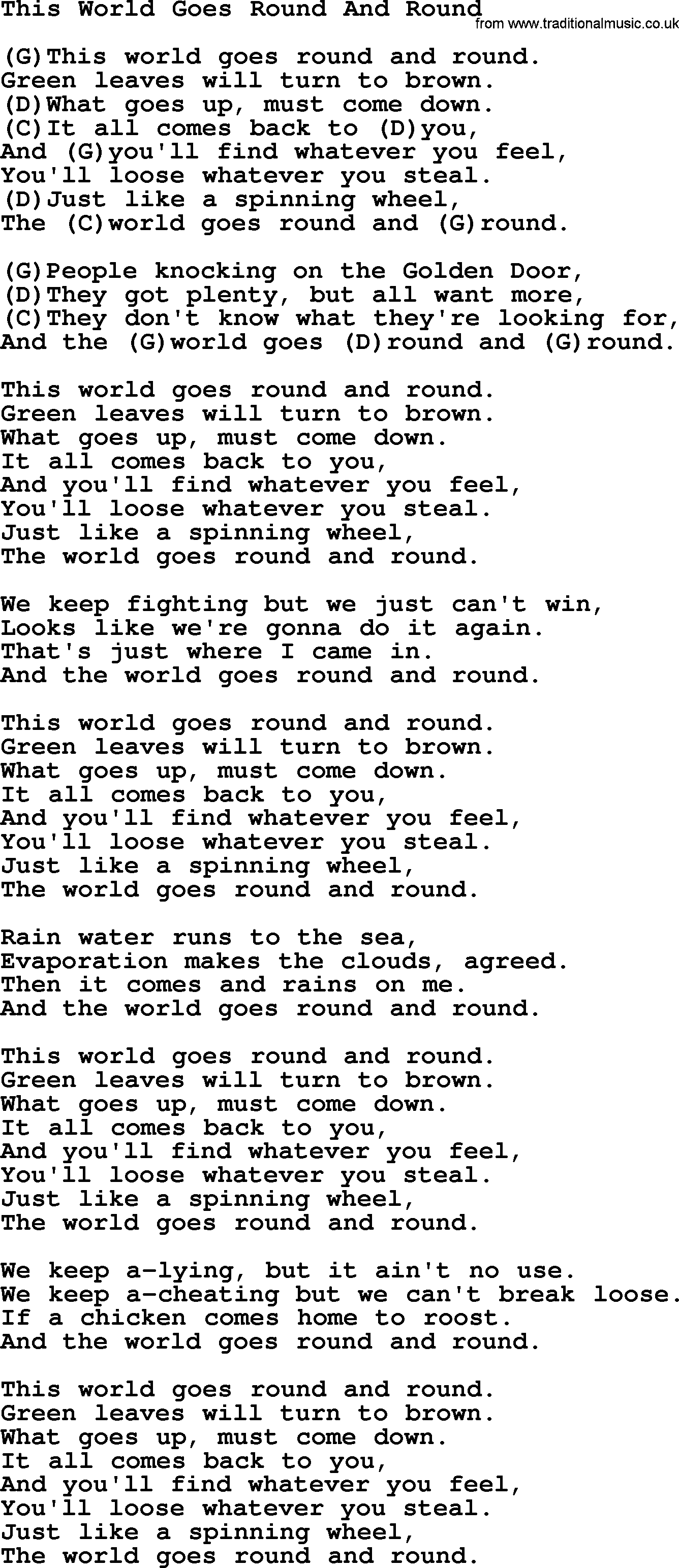Tom Paxton song: This World Goes Round And Round, lyrics and chords