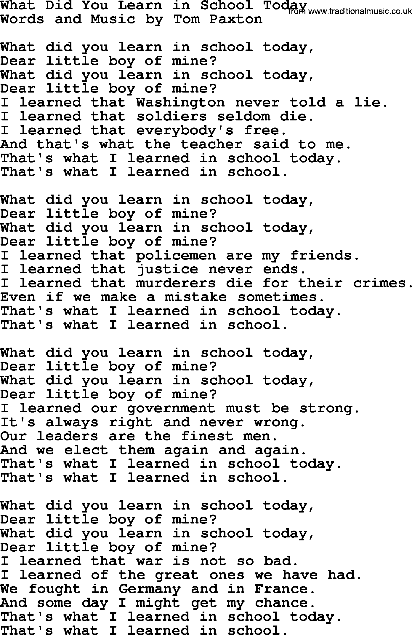 Tom Paxton song: What Did You Learn In School Today, lyrics