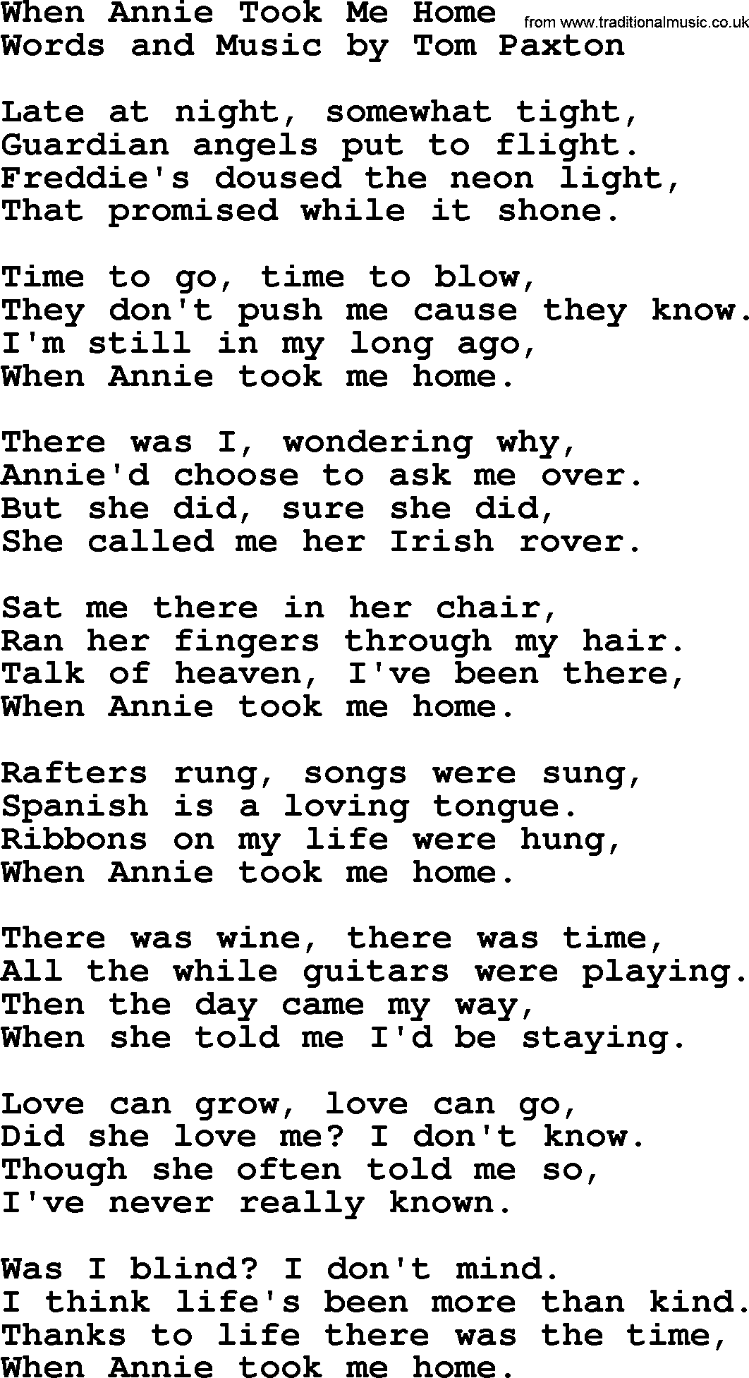 Tom Paxton song: When Annie Took Me Home, lyrics
