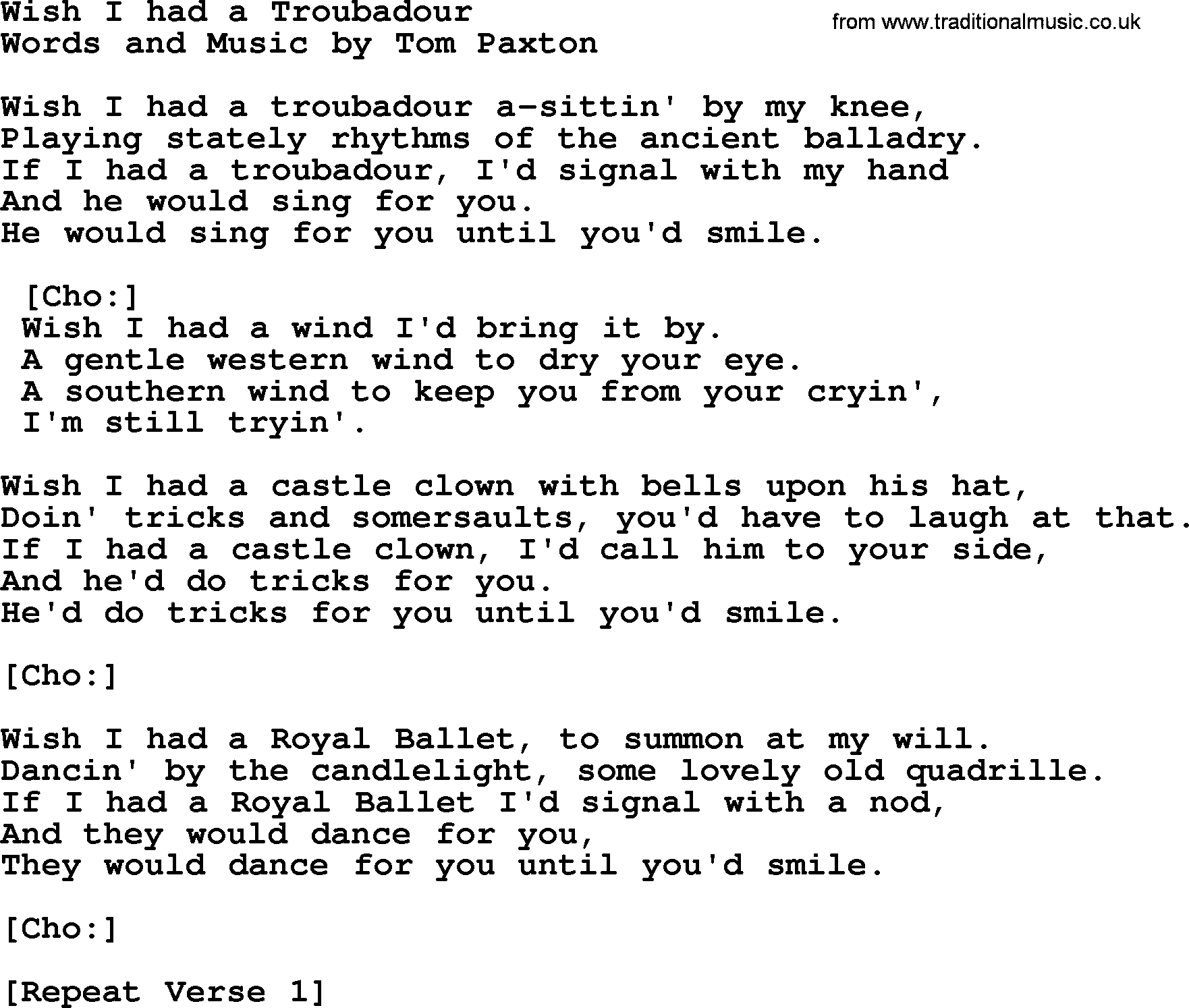 Tom Paxton song: Wish I Had A Troubadour, lyrics