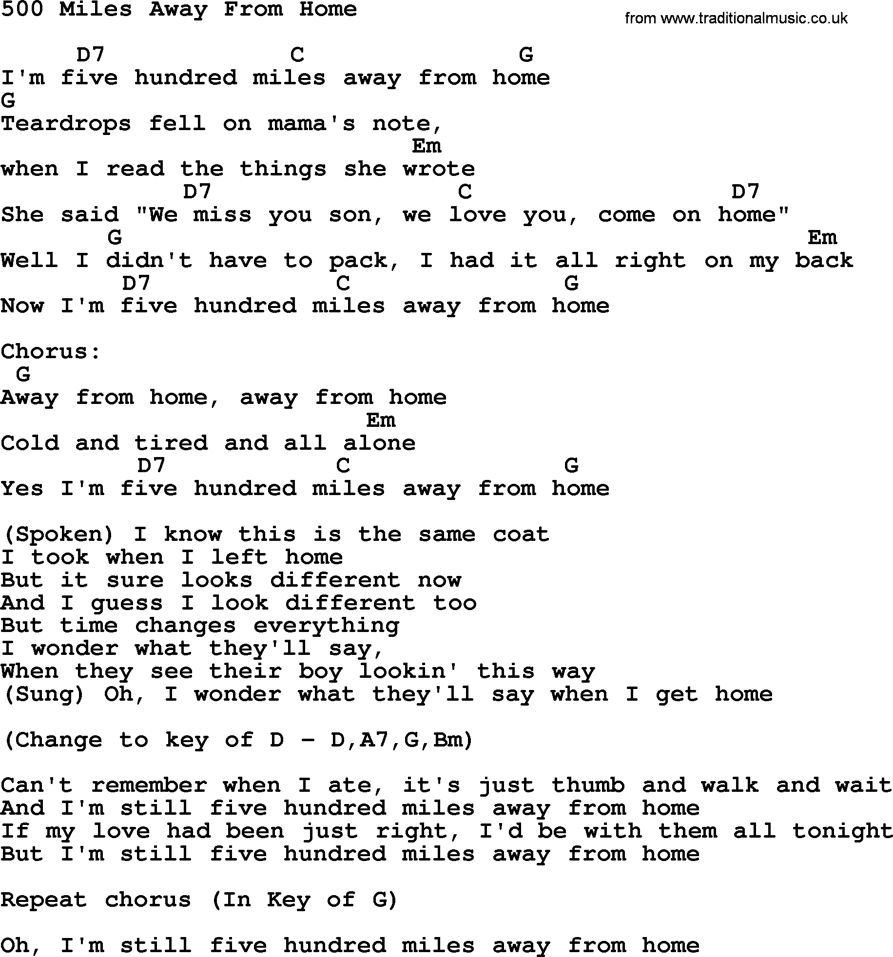 500 Miles Away From Home Bluegrass Lyrics With Chords 