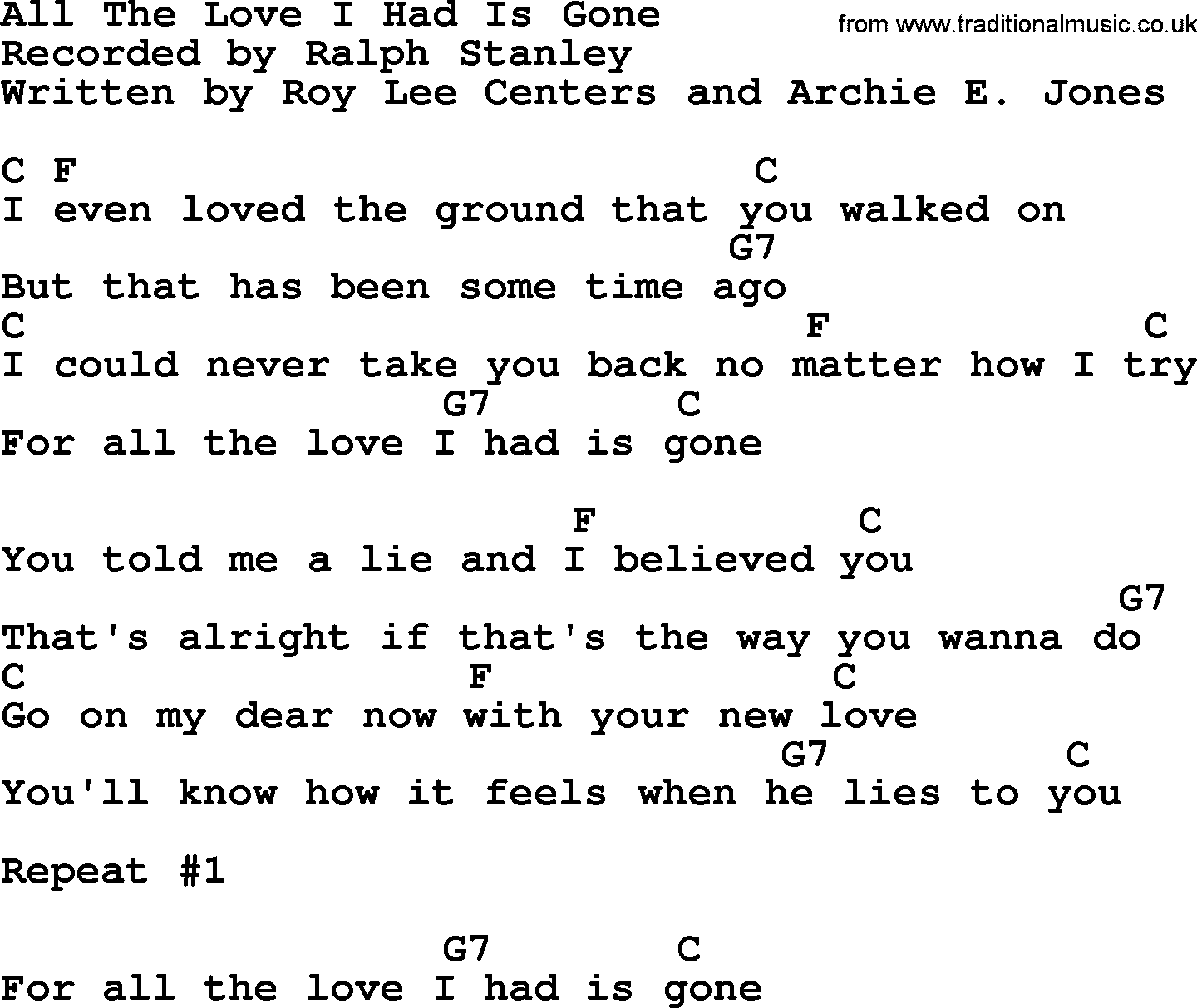 Bluegrass song: All The Love I Had Is Gone, lyrics and chords