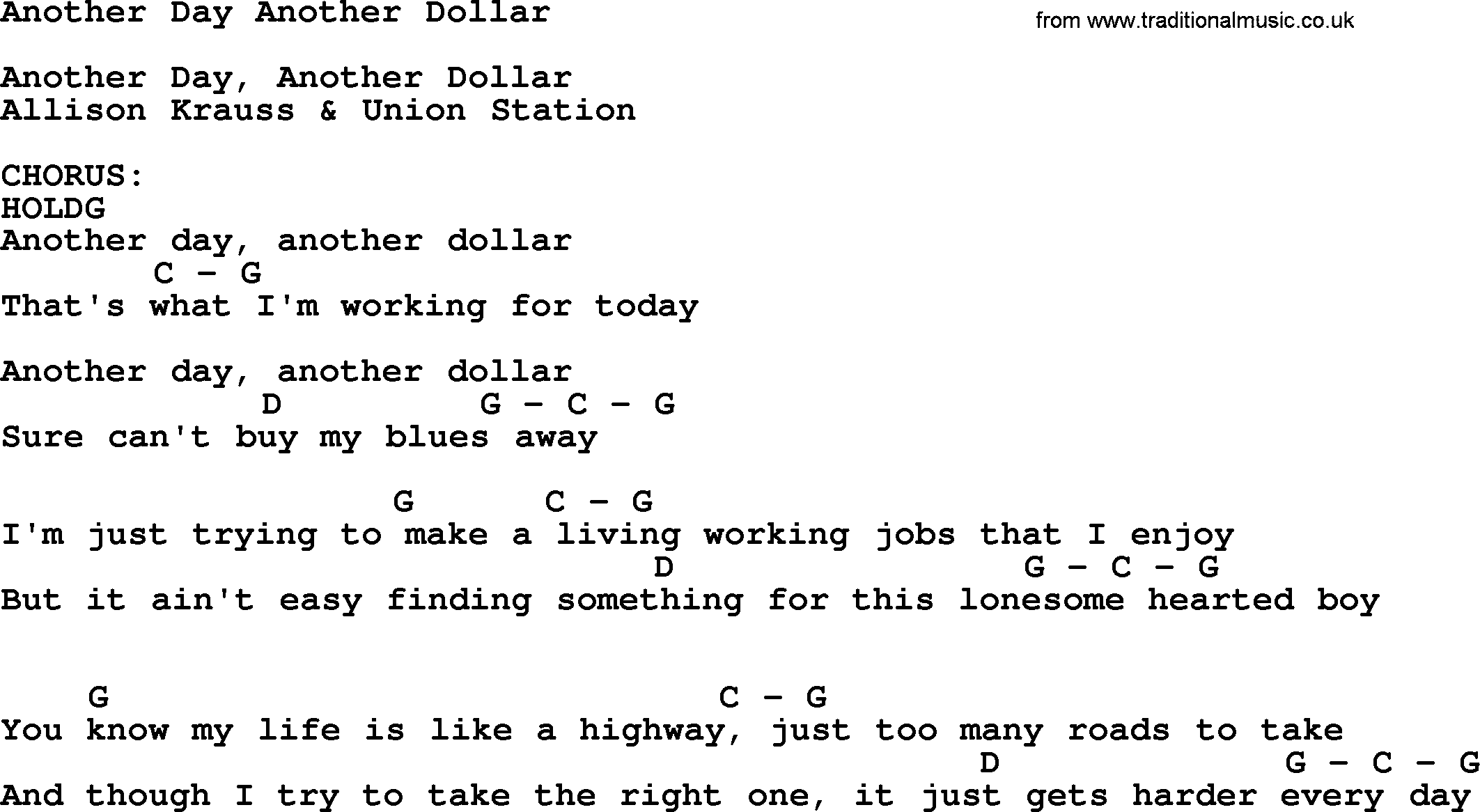 Bluegrass song: Another Day Another Dollar, lyrics and chords