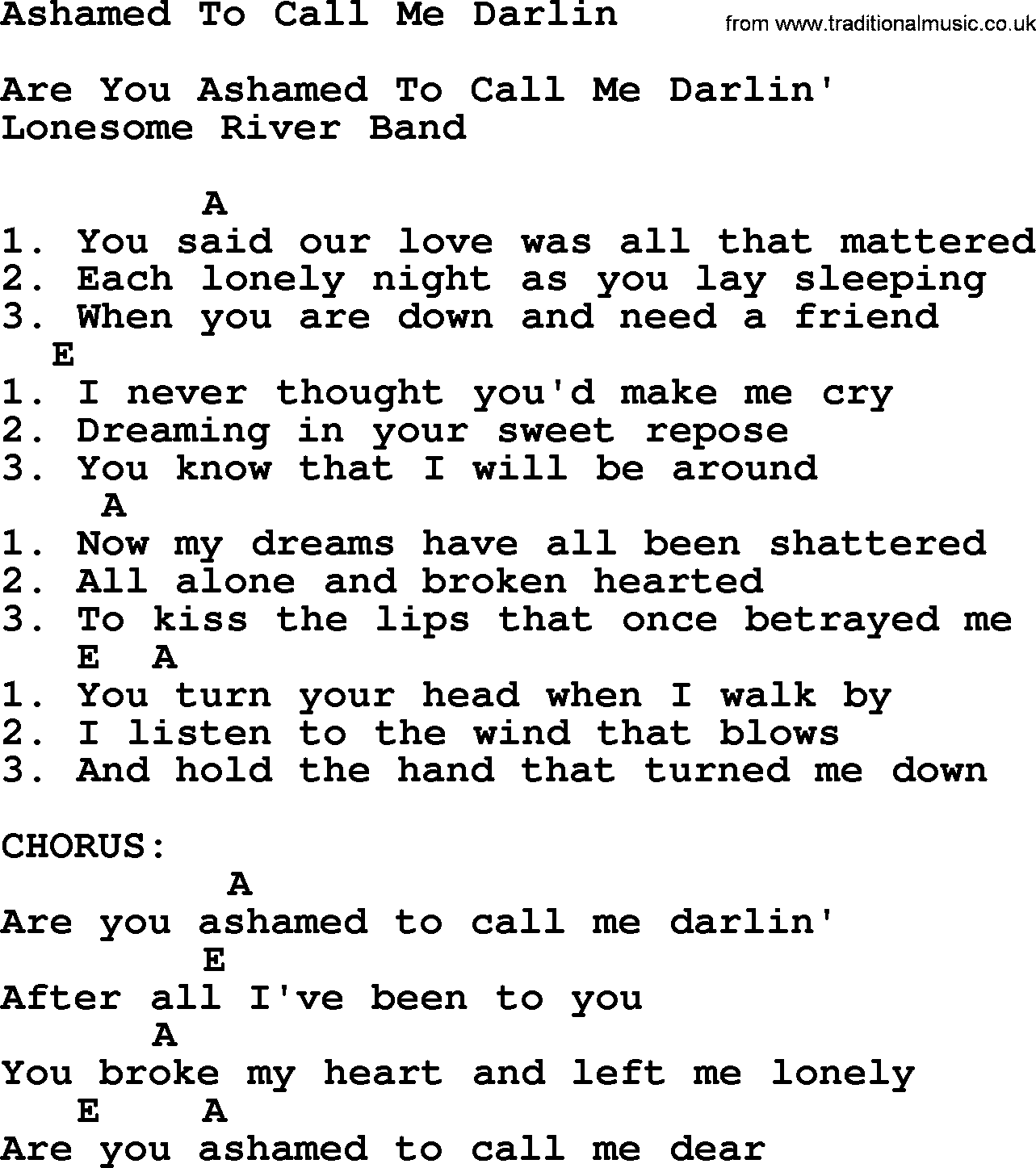 Bluegrass song: Ashamed To Call Me Darlin, lyrics and chords