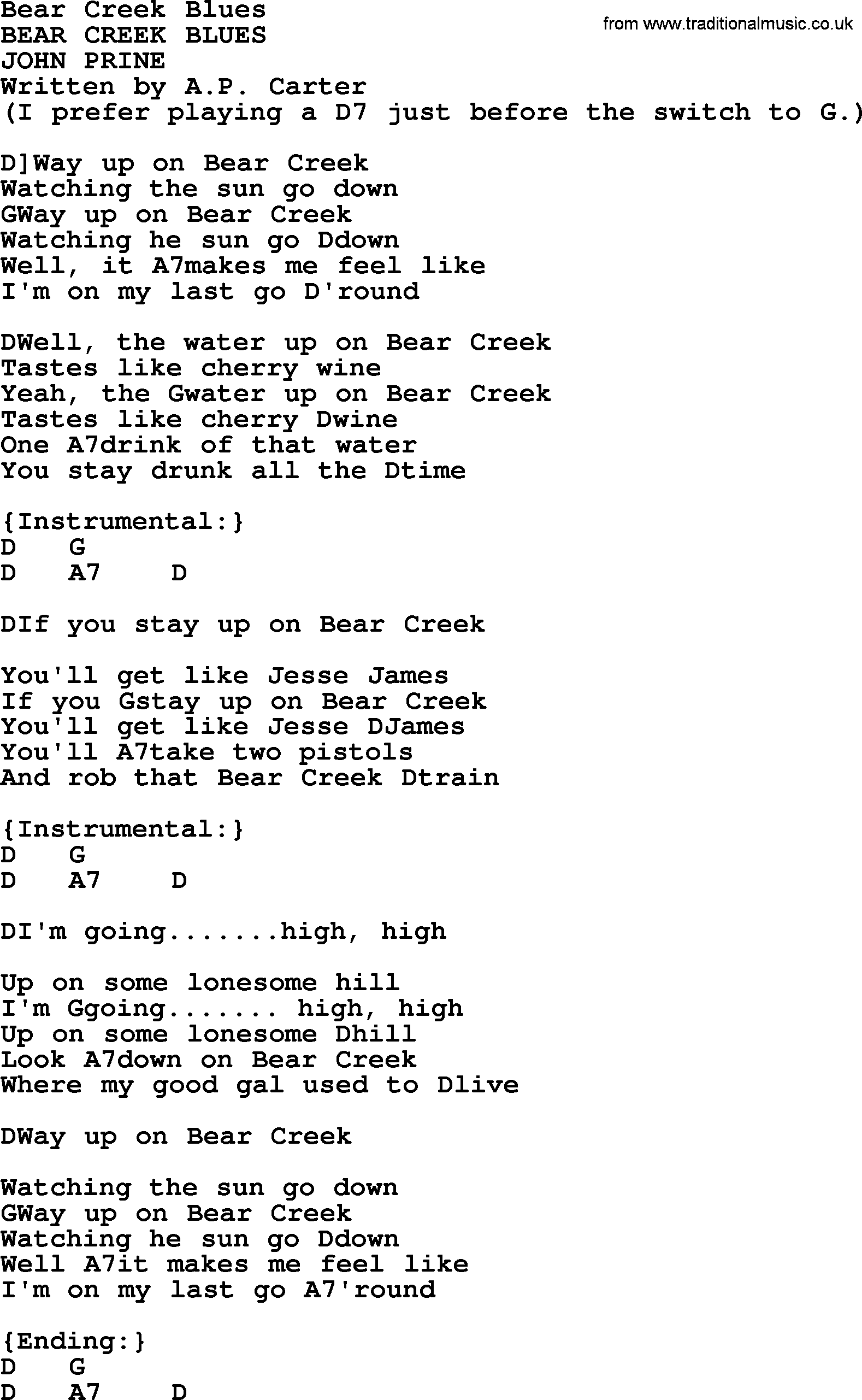 Bluegrass song: Bear Creek Blues, lyrics and chords