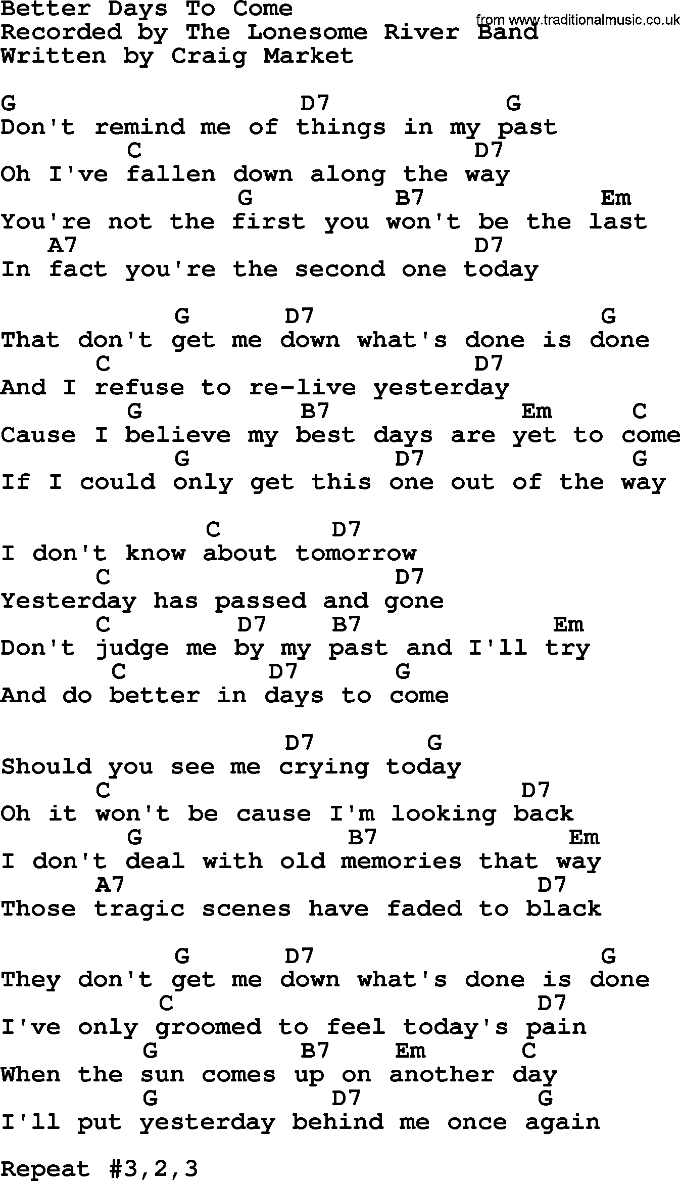 Bluegrass song: Better Days To Come, lyrics and chords